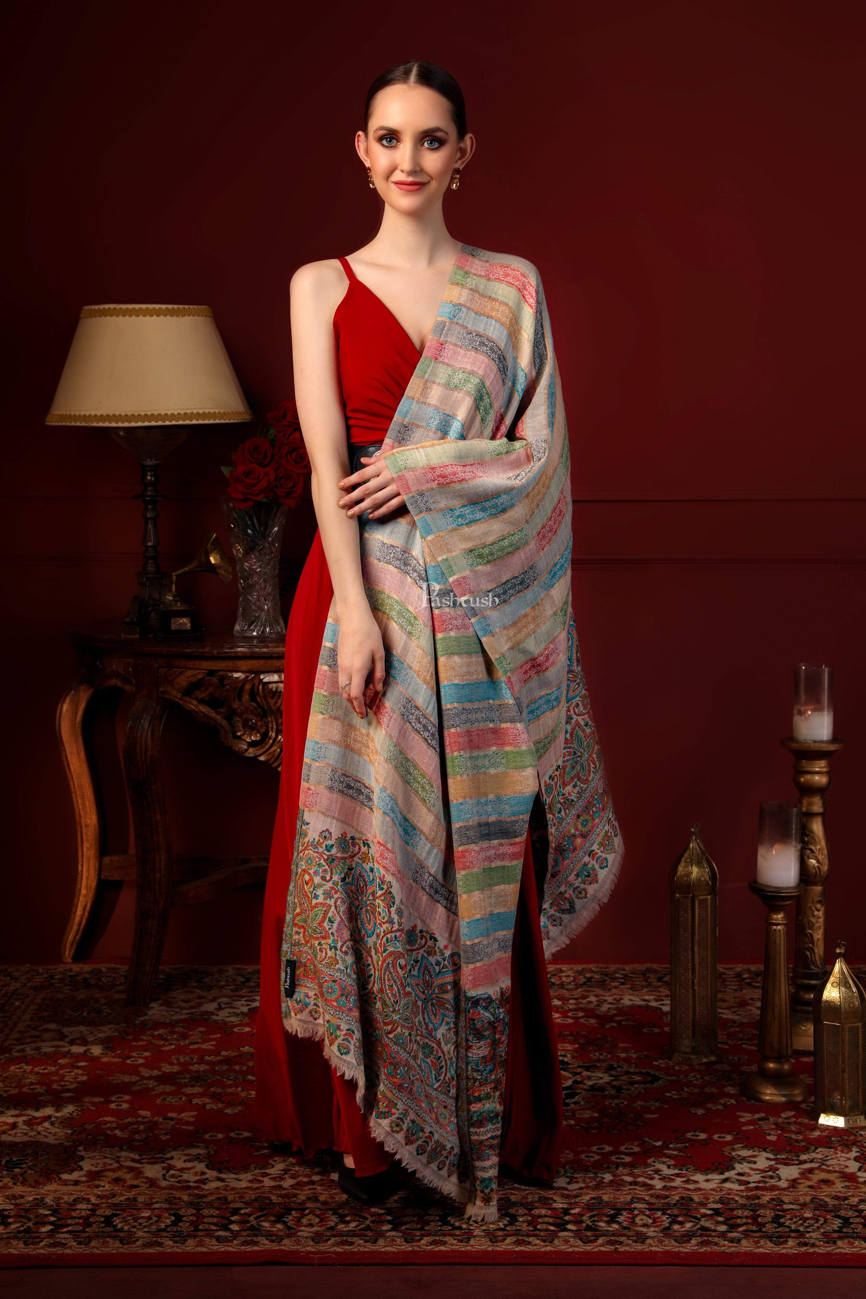 Pashtush Womens ,Pure Wool, Twilight Striped Scarf, With Shimmery Zari Thread Weave Multi Coloured - Image 10