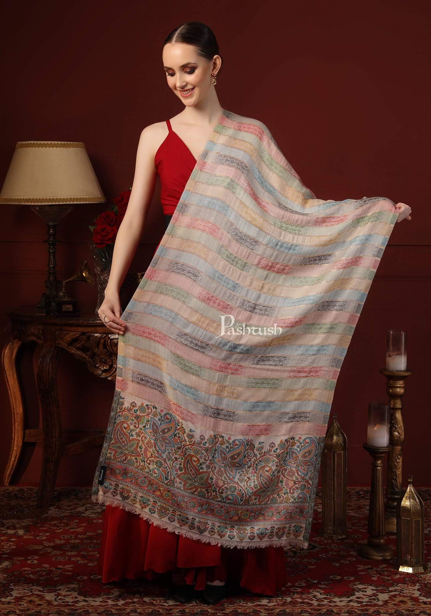 Pashtush Womens ,Pure Wool, Twilight Striped Scarf, With Shimmery Zari Thread Weave Multi Coloured - Image 4