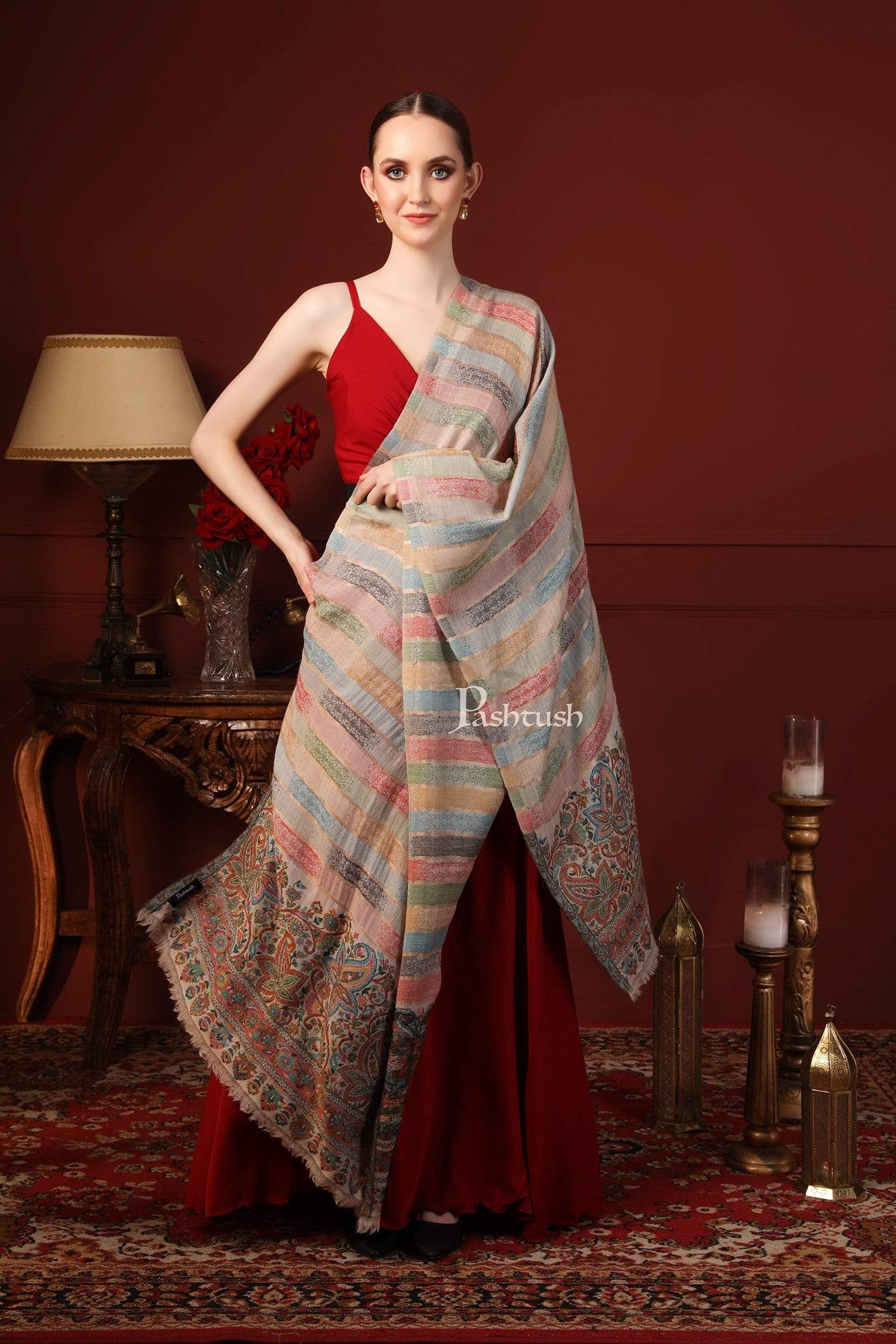 Pashtush Womens ,Pure Wool, Twilight Striped Scarf, With Shimmery Zari Thread Weave Multi Coloured - Image 5