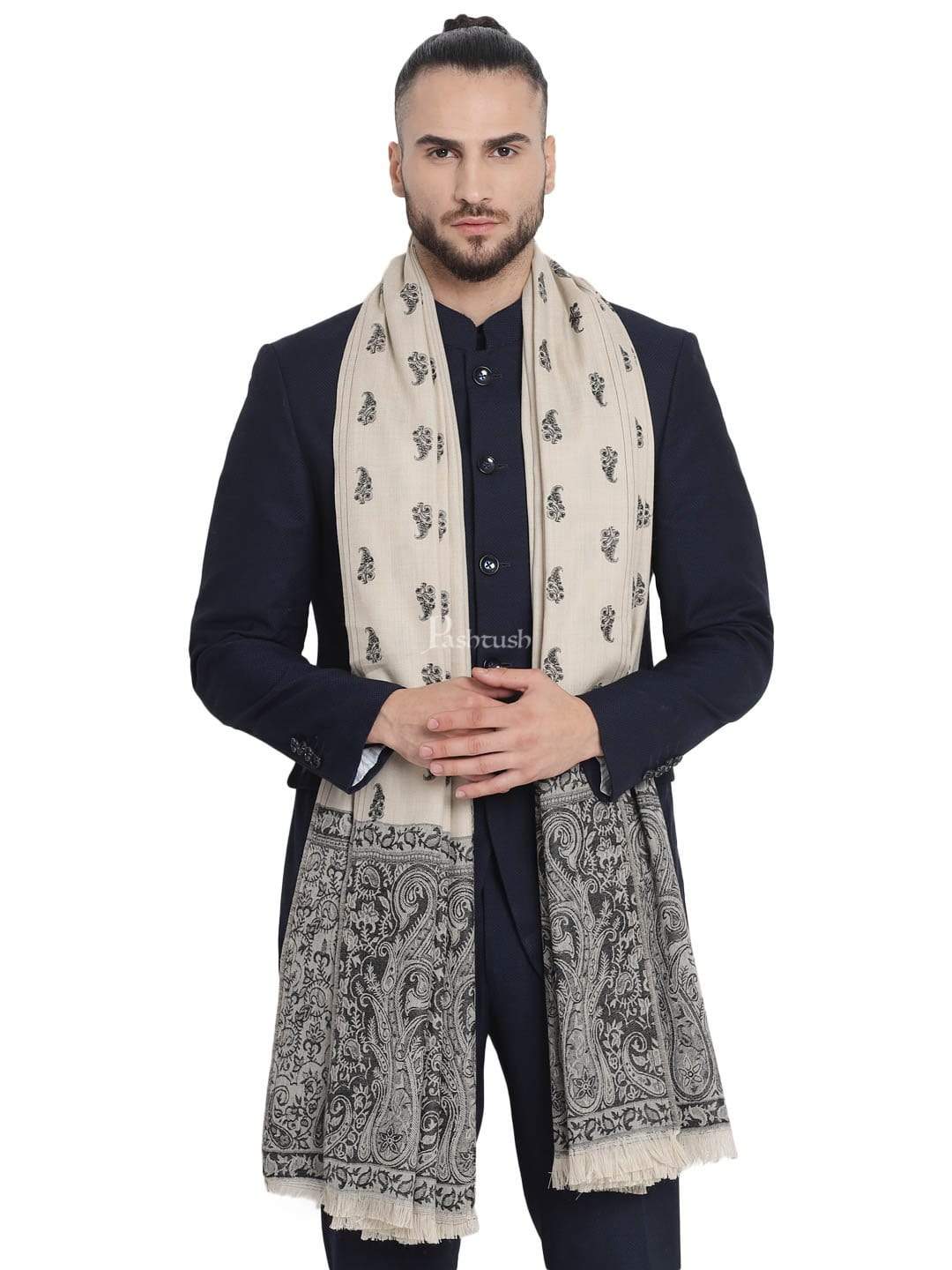 Pashwool Mens Embroidered Stole, Kashmiri Stitch, With Woven Jamawar Palla