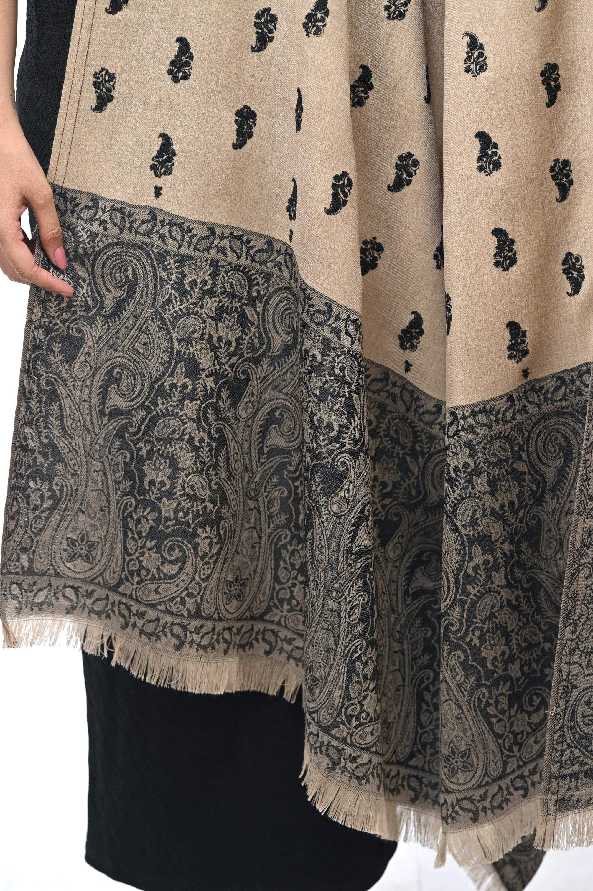 Pashwool Womens Embroidered Shawl, Kashmiri Stitch, With Woven Jamawar Palla Beige - Image 5