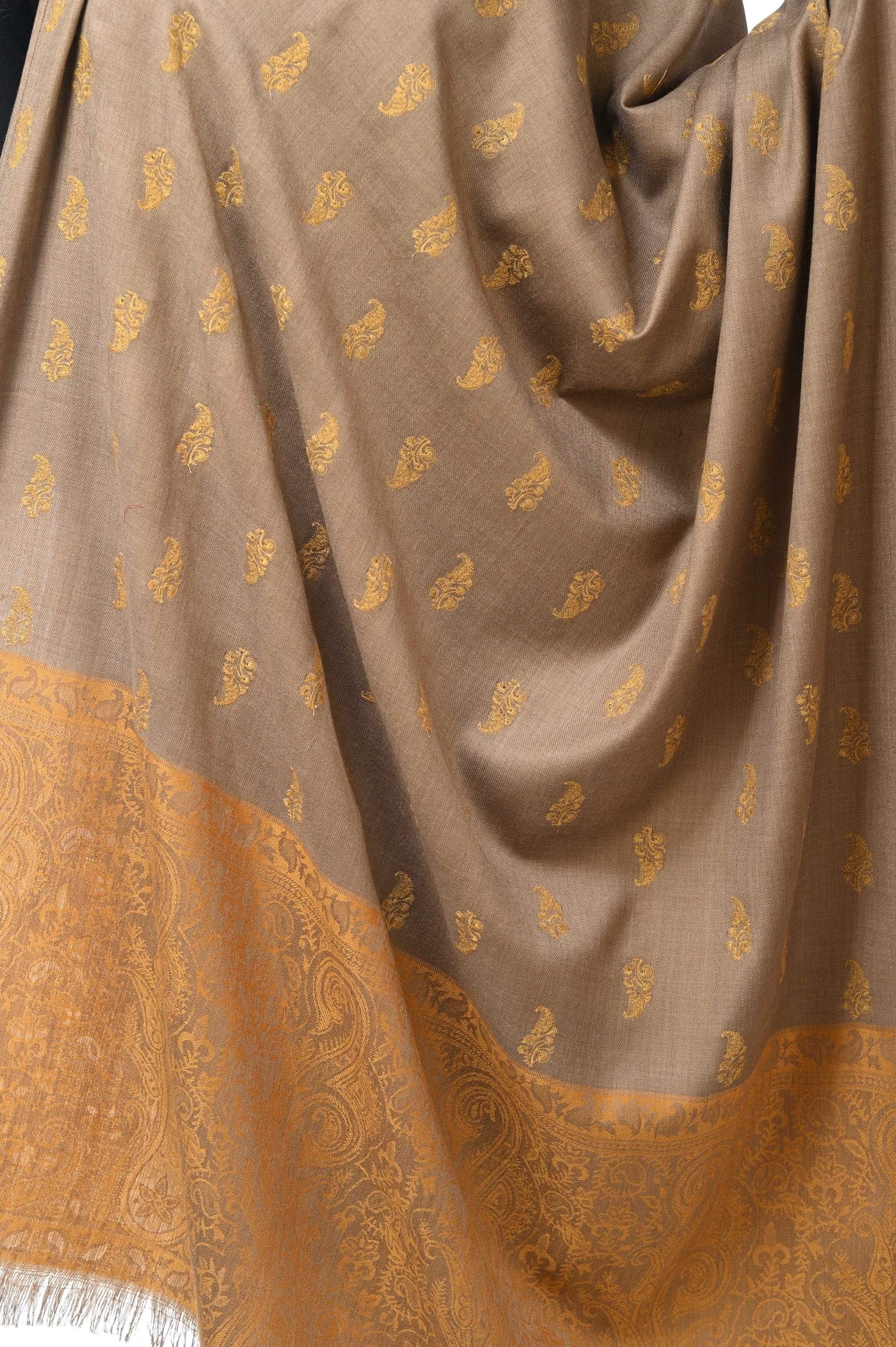 Pashwool Womens Embroidered Shawl, Kashmiri Stitch, With Woven Jamawar Palla Taupe - Image 5