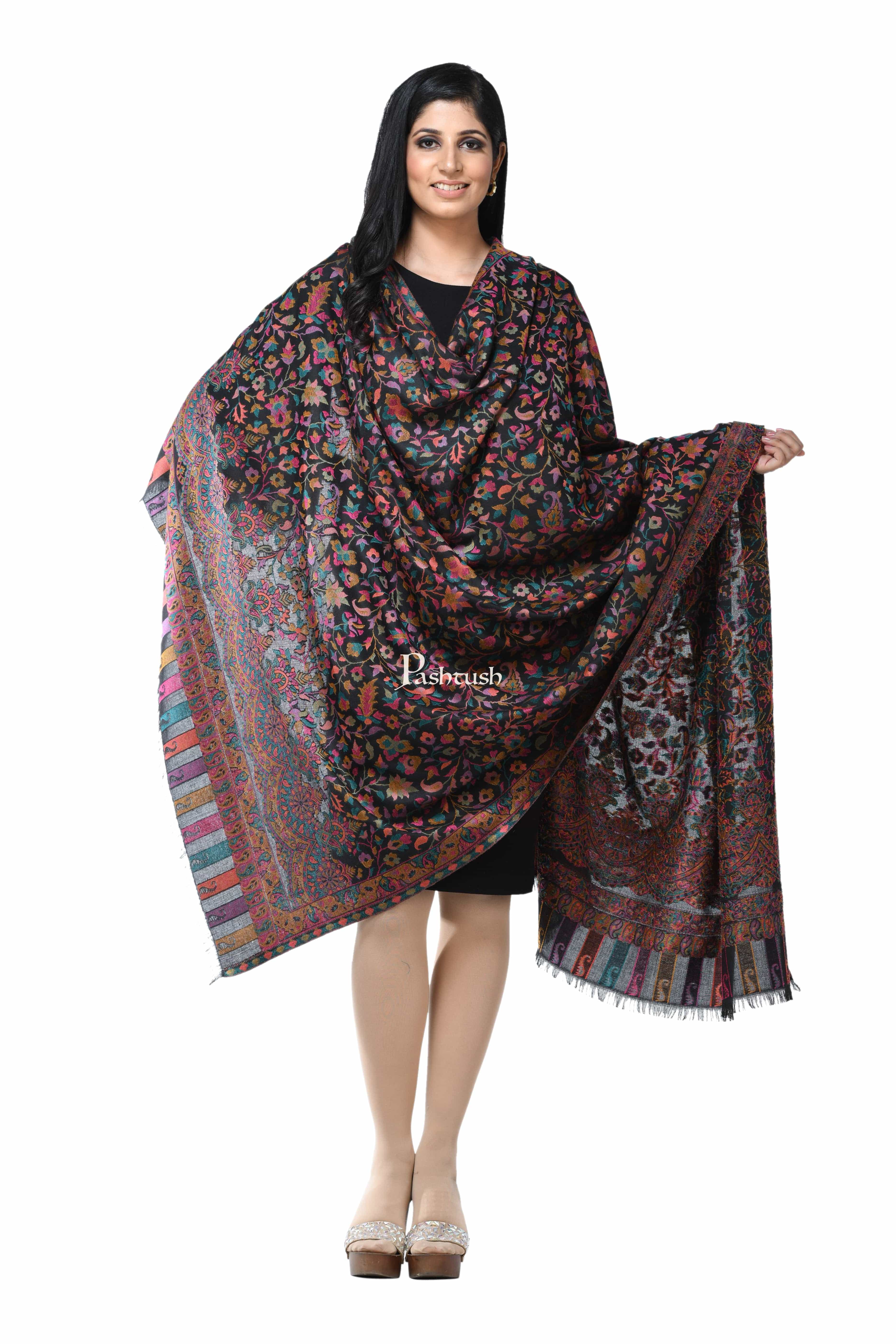 Pashwool Womens Ethnic Design Shawl, Light Weight, Soft And Warm, Black - Image 4