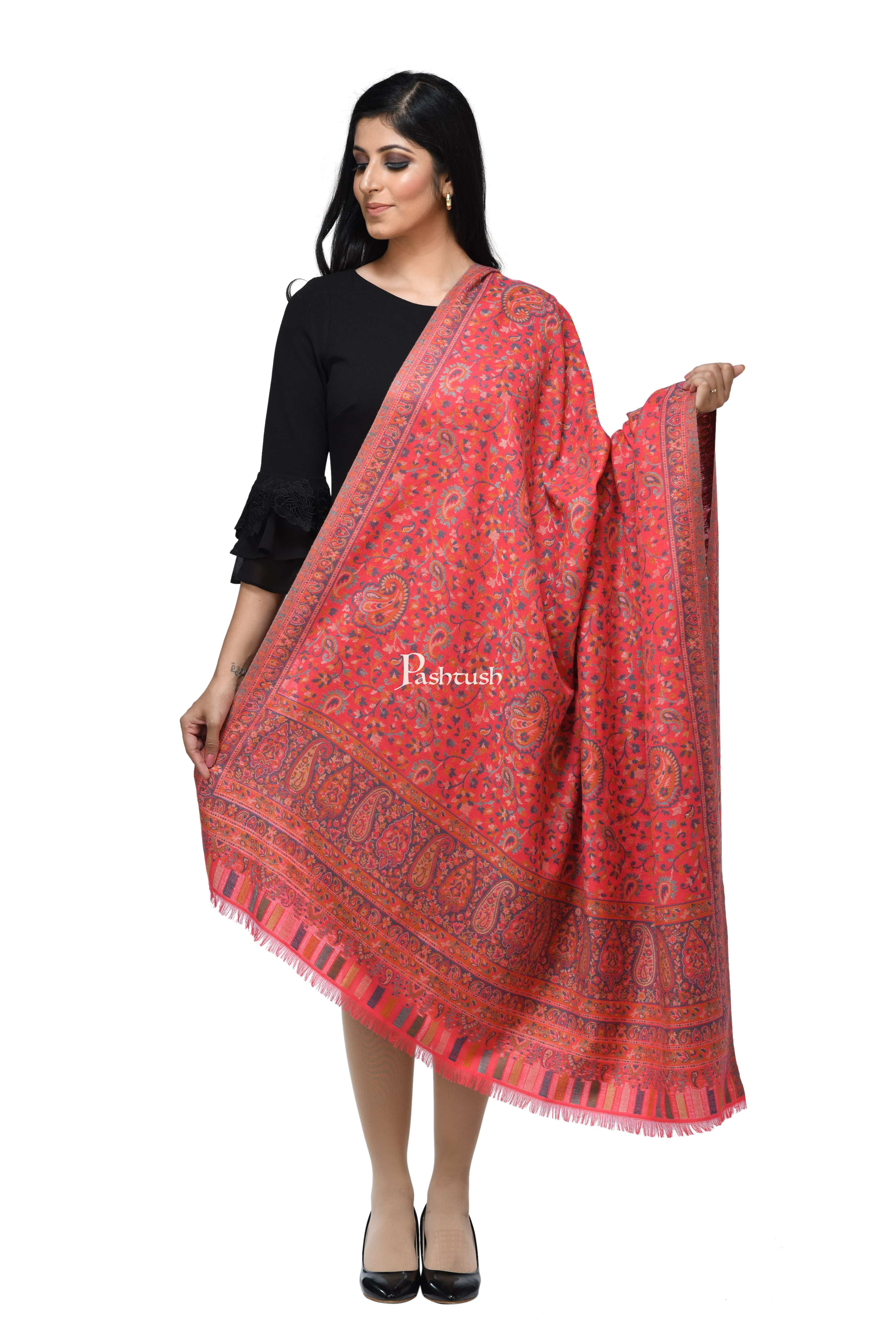 Pashwool Womens Ethnic Design Shawl, Light Weight, Soft And Warm, Pink