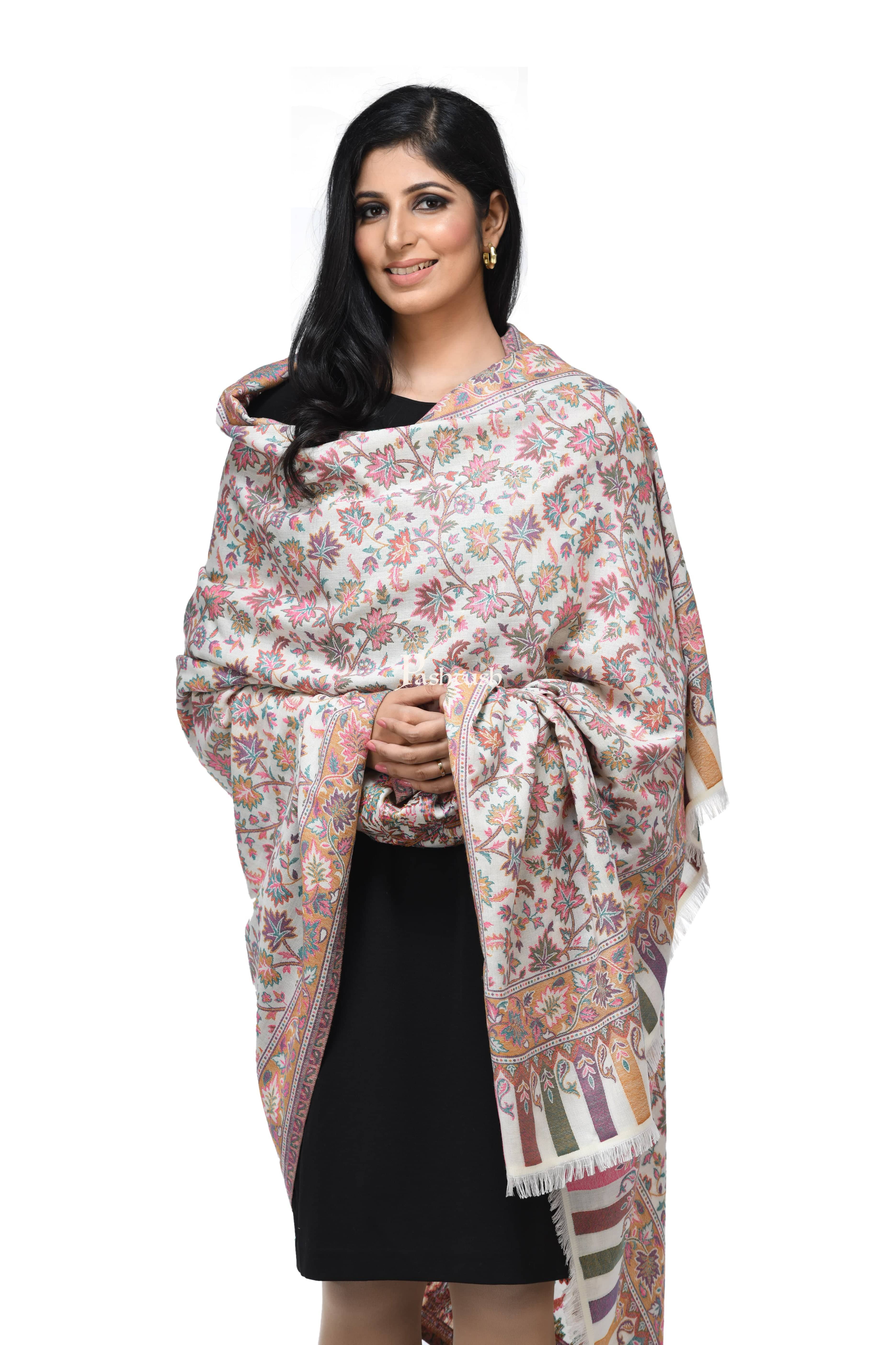 Pashwool Womens Ethnic Design Shawl, Light Weight, Soft And Warm, White - Image 3