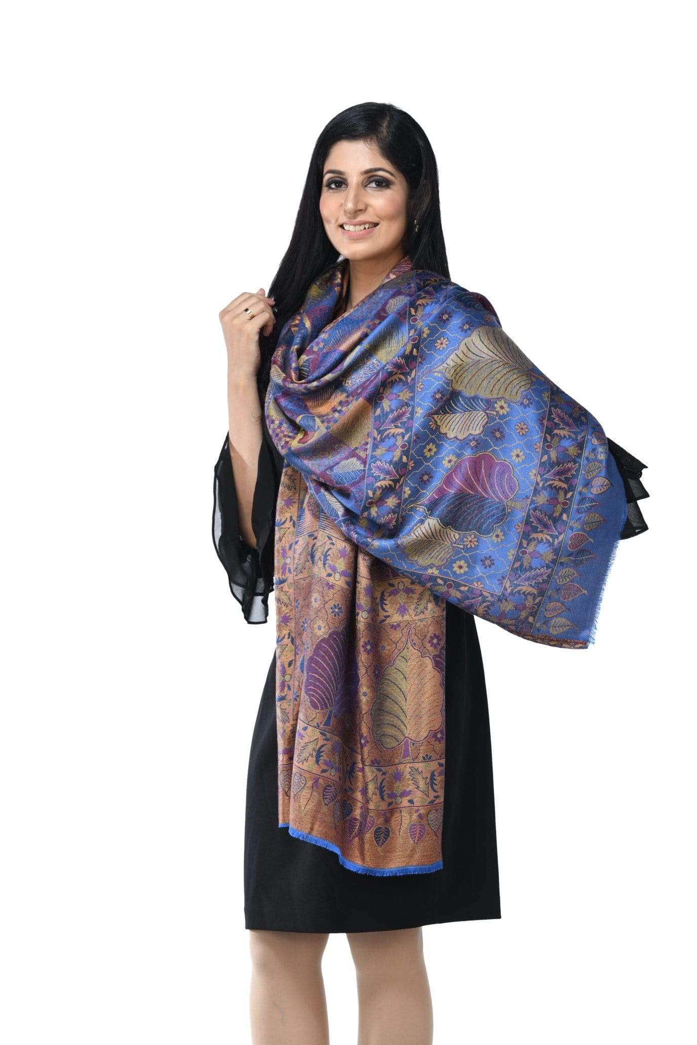 Pashwool Womens Extra Soft Bamboo Scarf, Woven Ethnic Design, Blue - Image 5