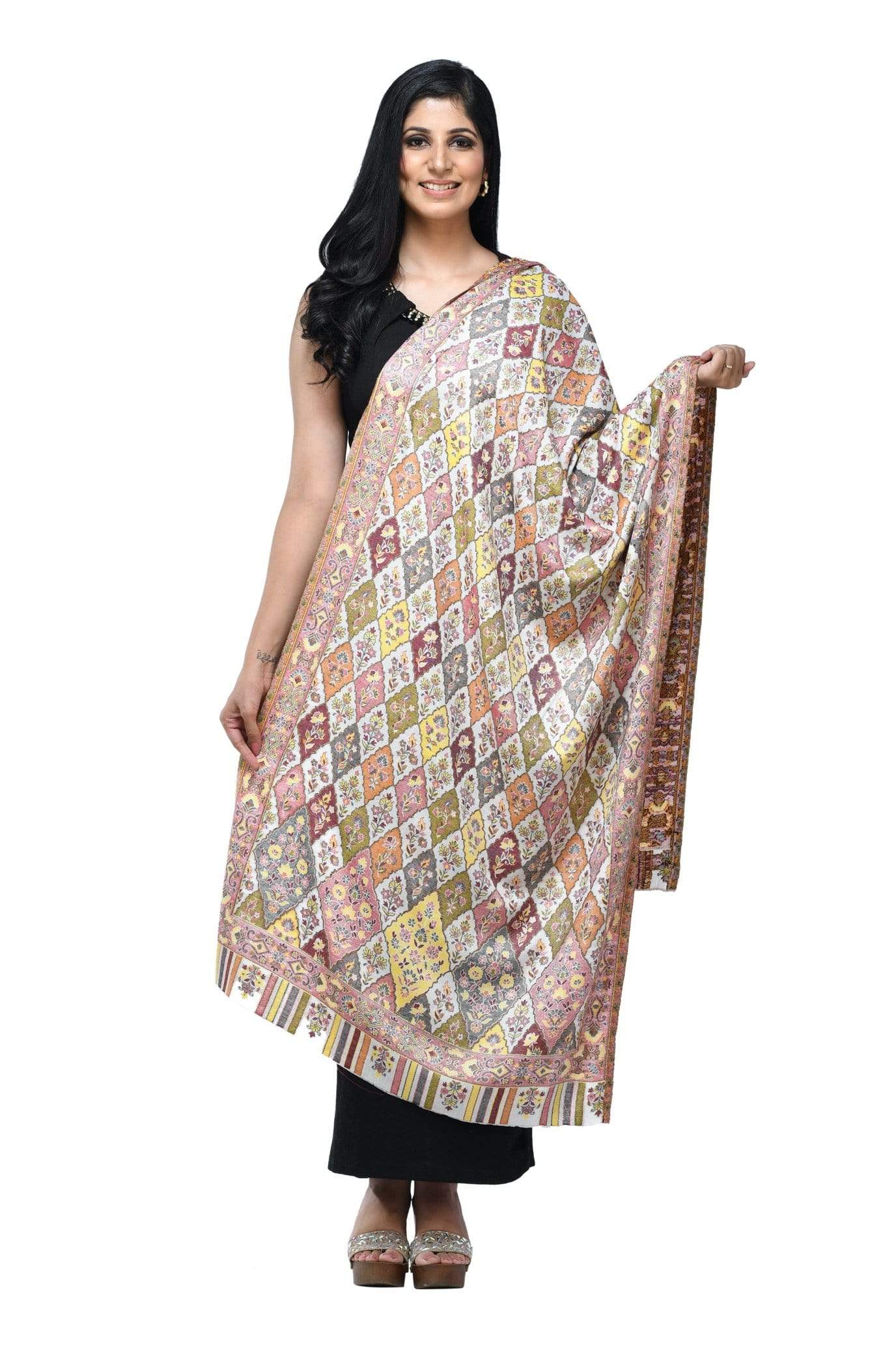 Pashwool Womens Extra Soft Bamboo Scarf, Woven Ethnic Design, Ivory
