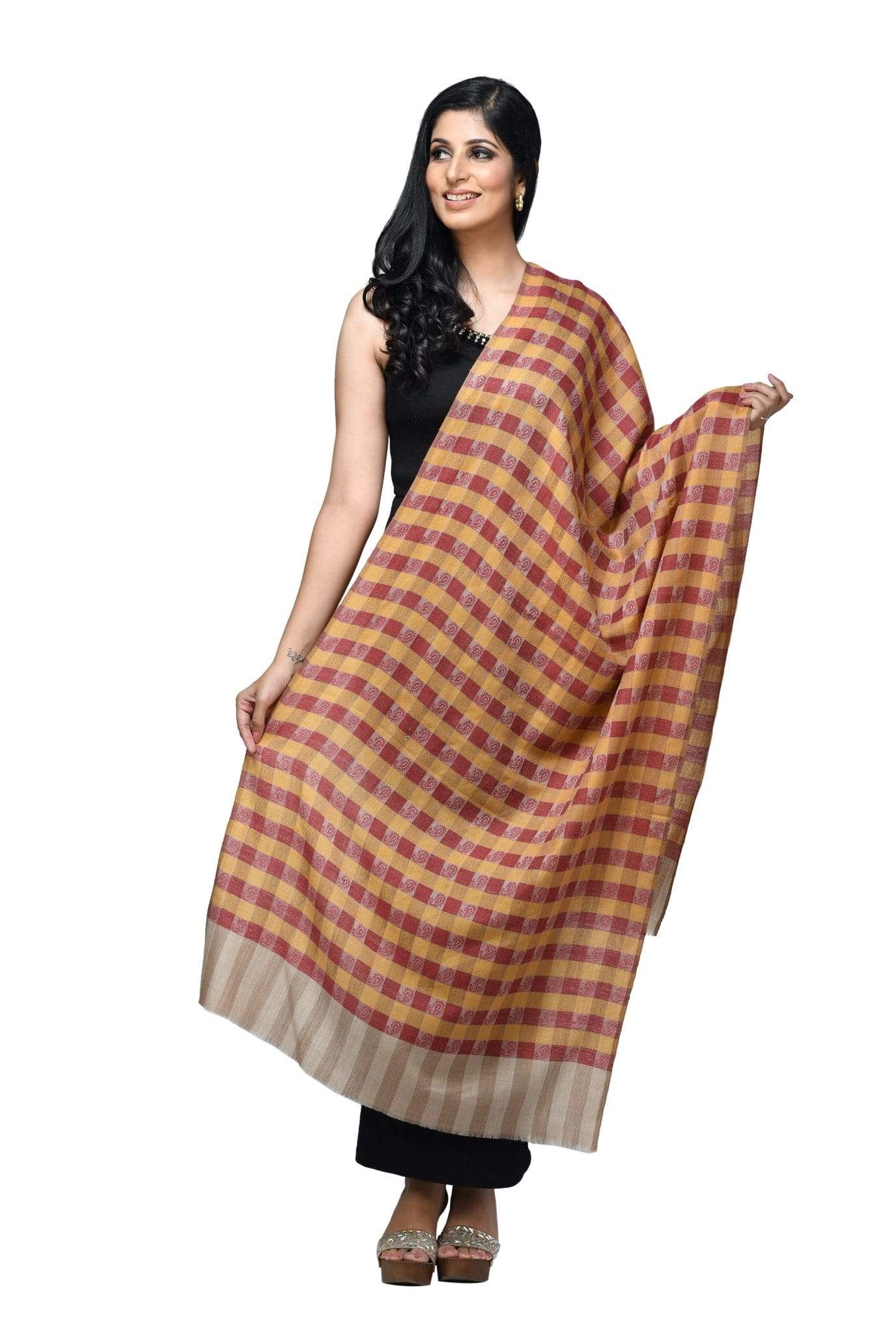 Pashwool Womens Fine Wool Checkered Stole, Soft And Warm Orange
