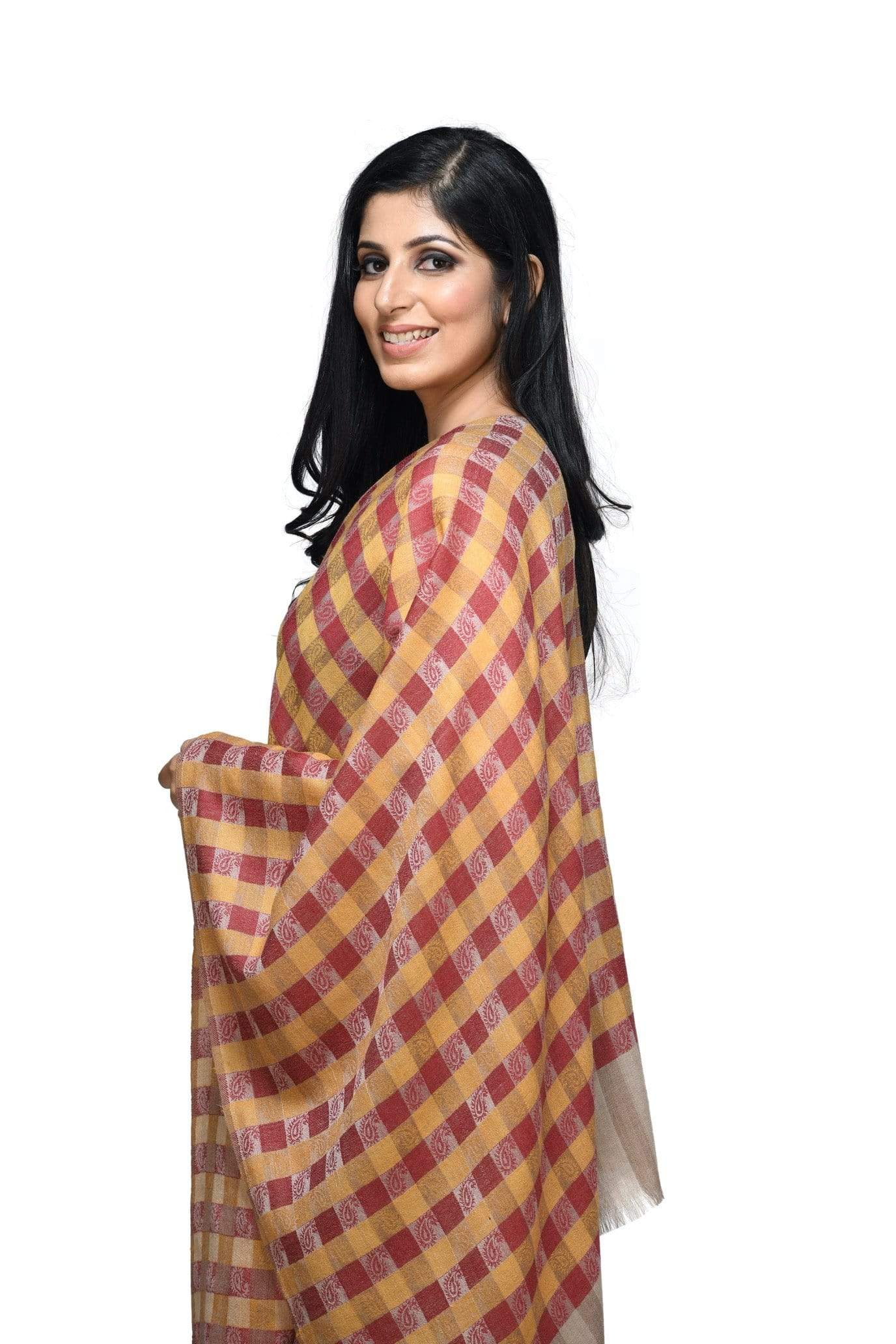 Pashwool Womens Fine Wool Checkered Stole, Soft And Warm Orange - Image 4