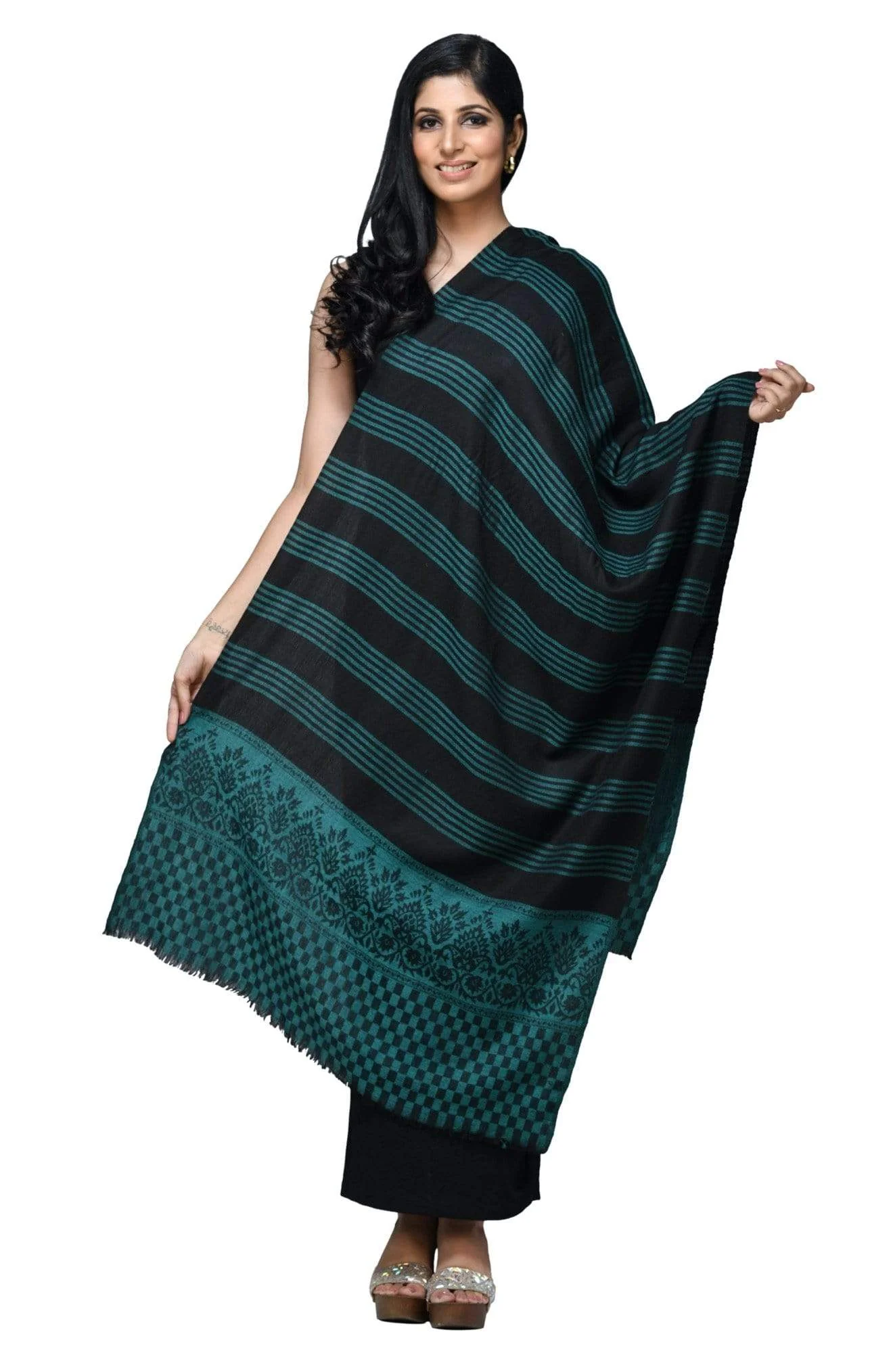 Pashwool Womens Fine Wool Scarf, Soft And Warm Green Black