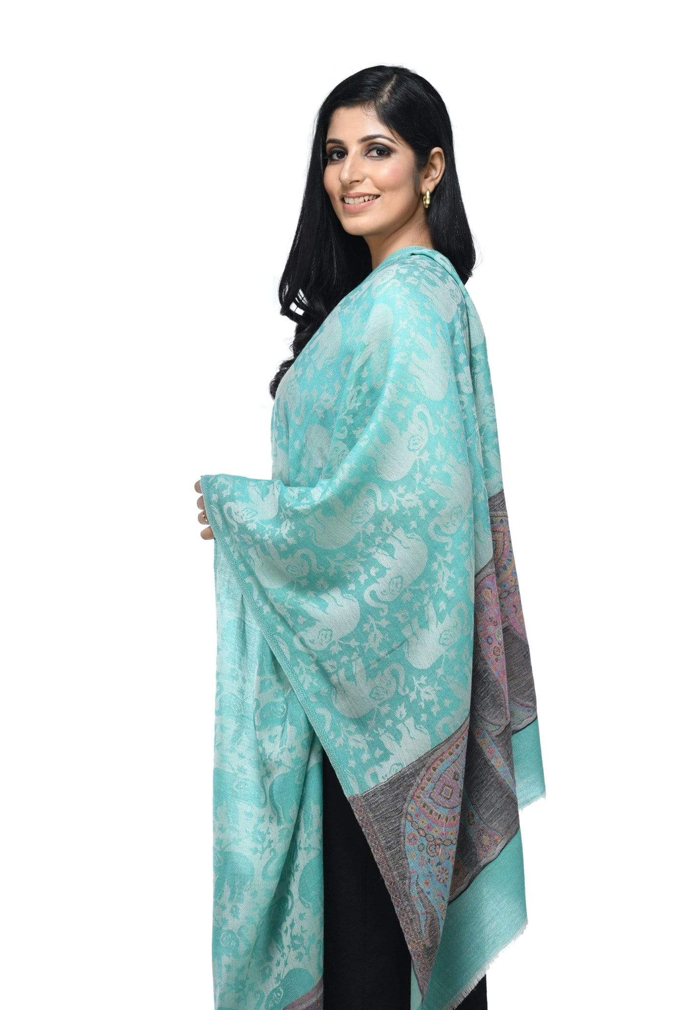Pashwool Womens Fine Wool Stole, With Chanting Elephant Design Green - Image 3