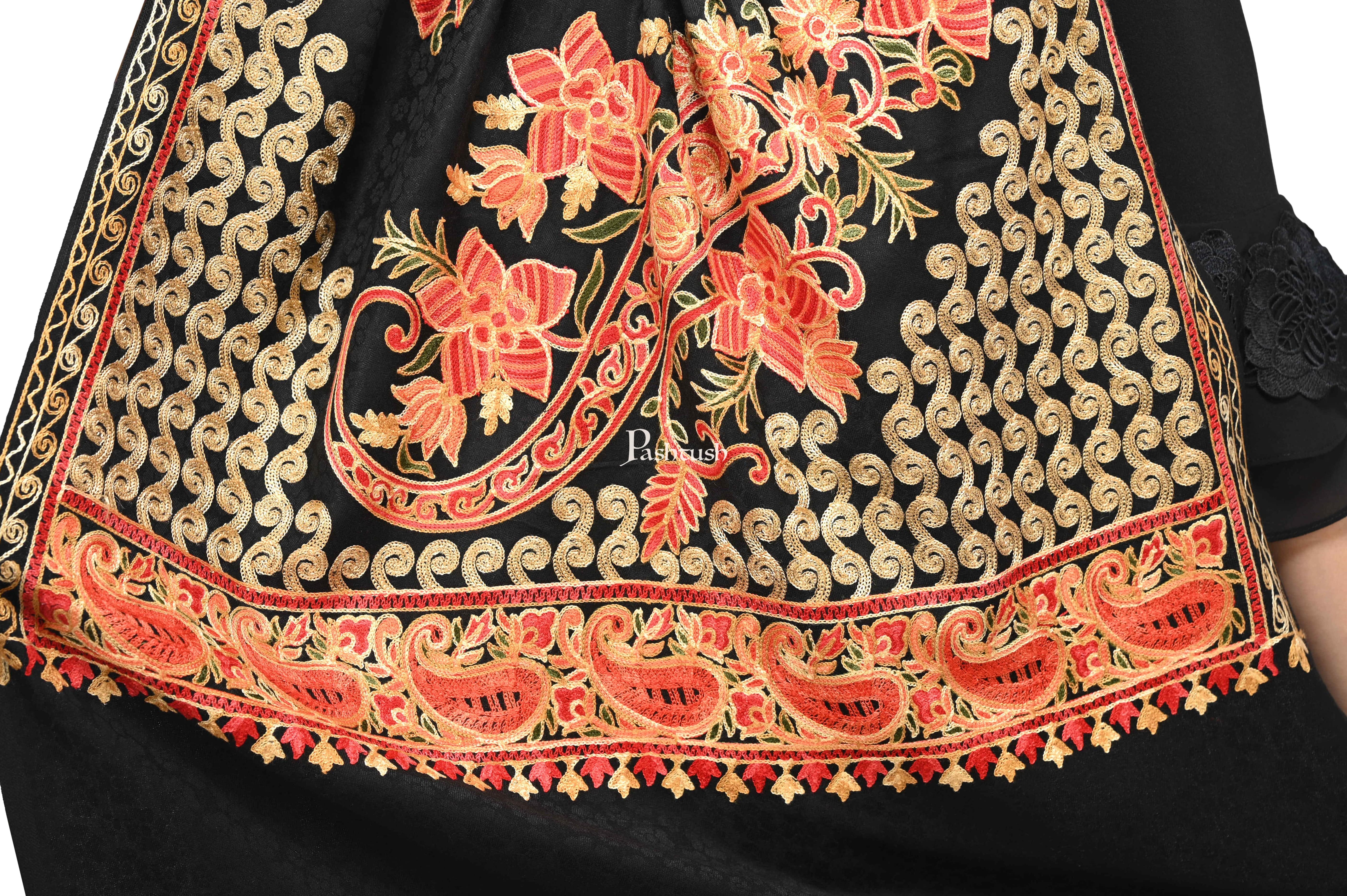 Pashwool, Womens Kashmiri Aari Embroidery Stole, Soft Bamboo Black - Image 6