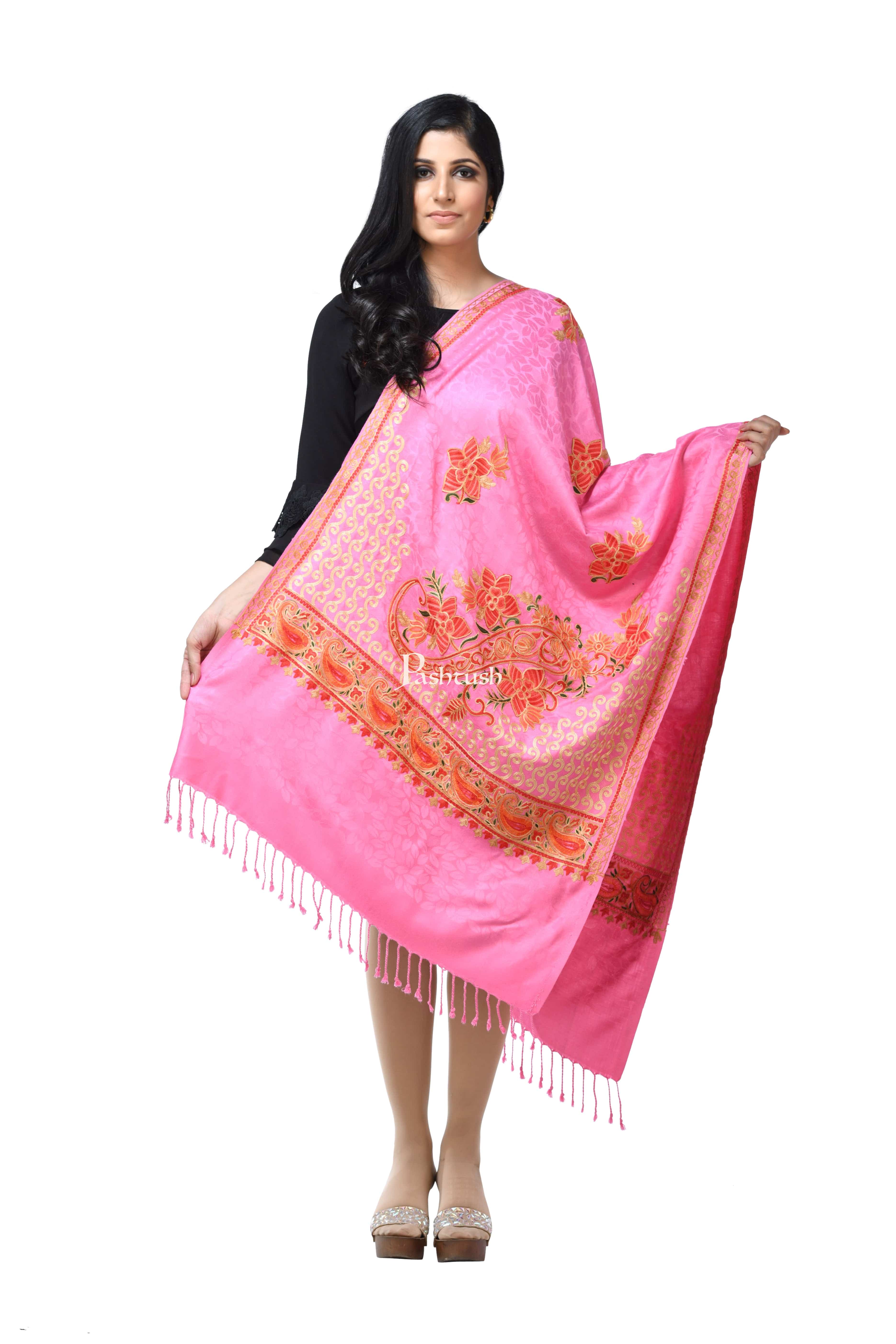 Pashwool, Womens Kashmiri Aari Embroidery Stole, Soft Bamboo Pink