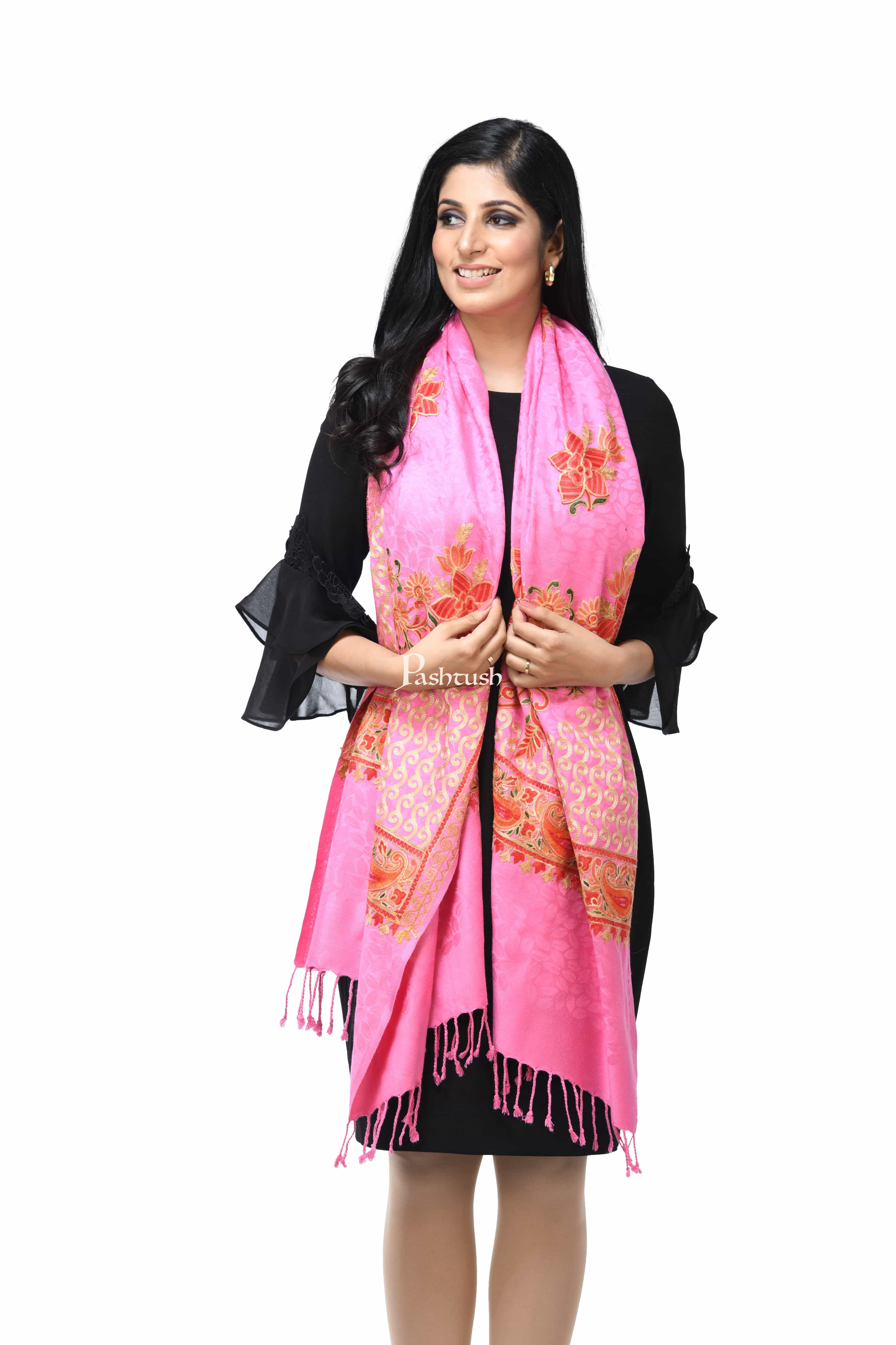 Pashwool, Womens Kashmiri Aari Embroidery Stole, Soft Bamboo Pink - Image 3