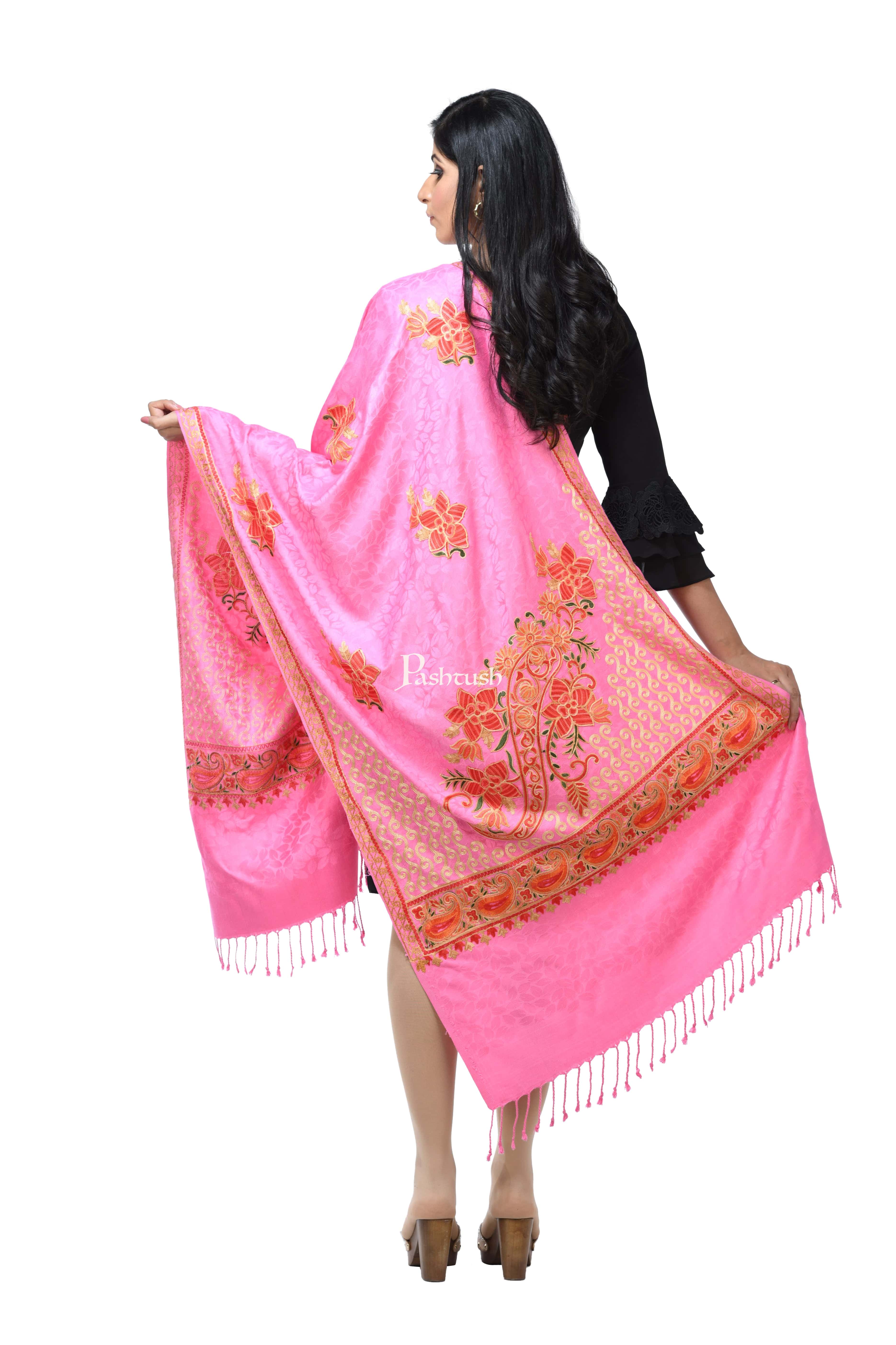 Pashwool, Womens Kashmiri Aari Embroidery Stole, Soft Bamboo Pink - Image 4