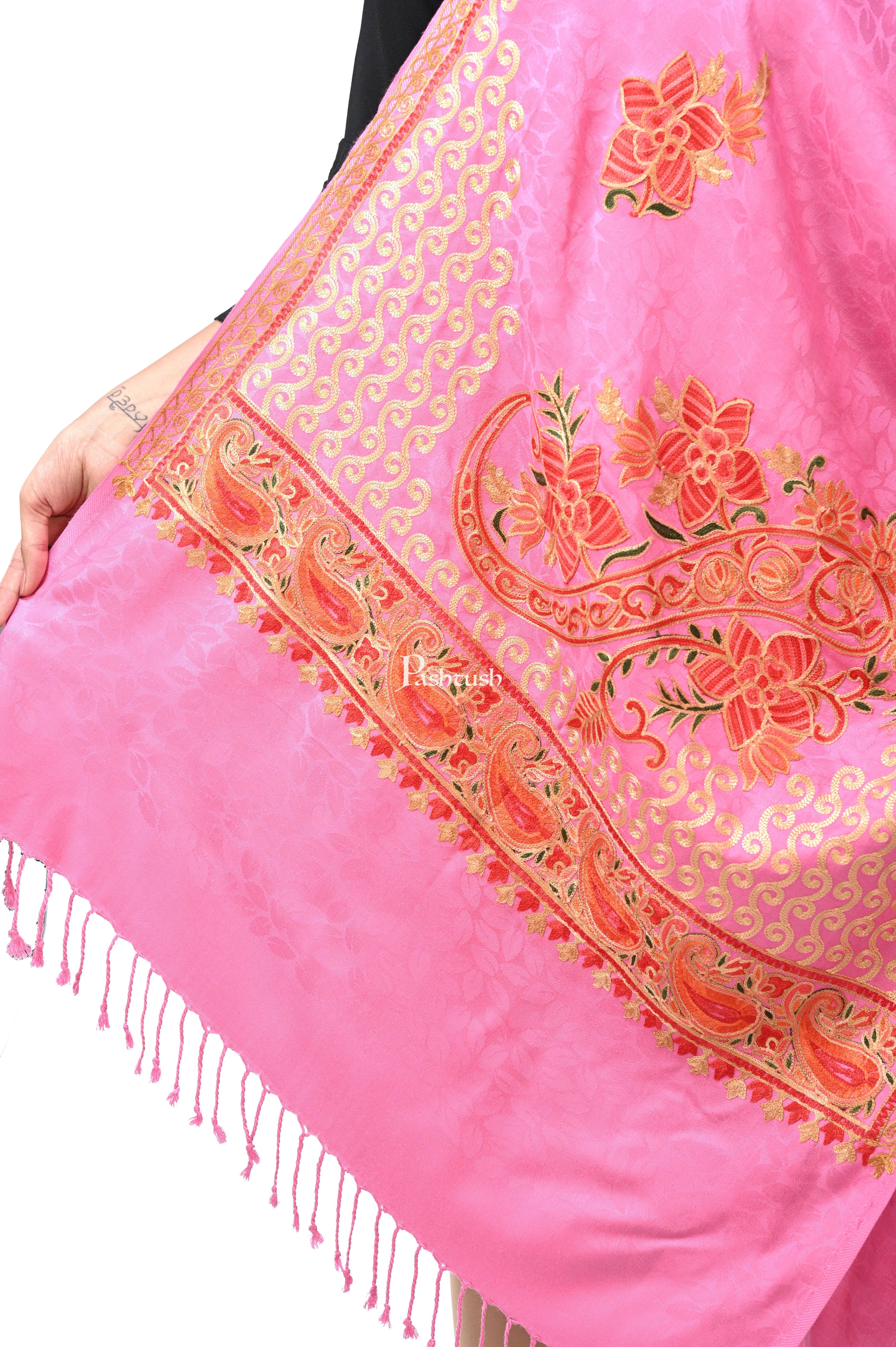 Pashwool, Womens Kashmiri Aari Embroidery Stole, Soft Bamboo Pink - Image 5