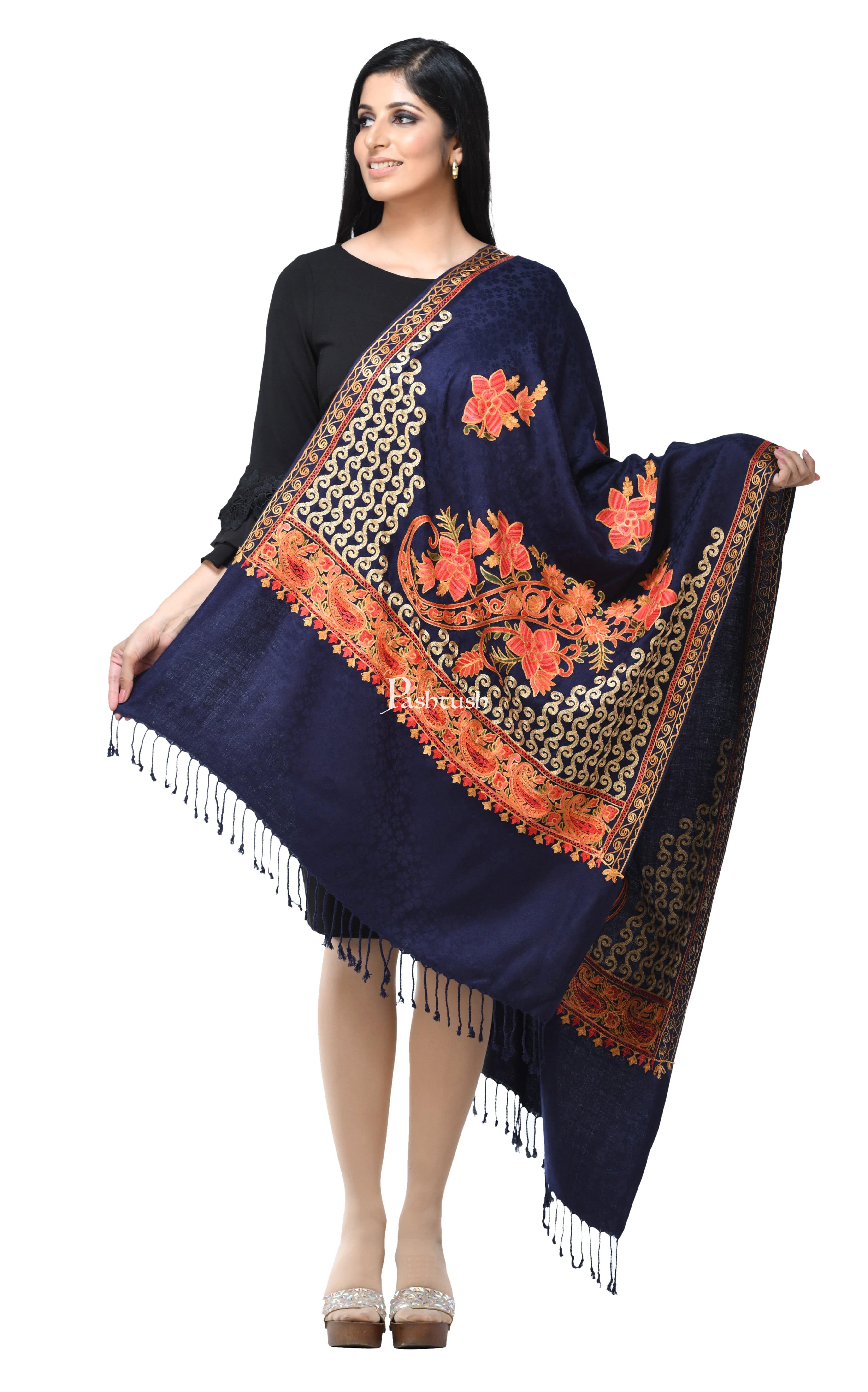 Pashwool, Womens Kashmiri Aari Embroidery Stole, Soft Bamboo Navy Blue