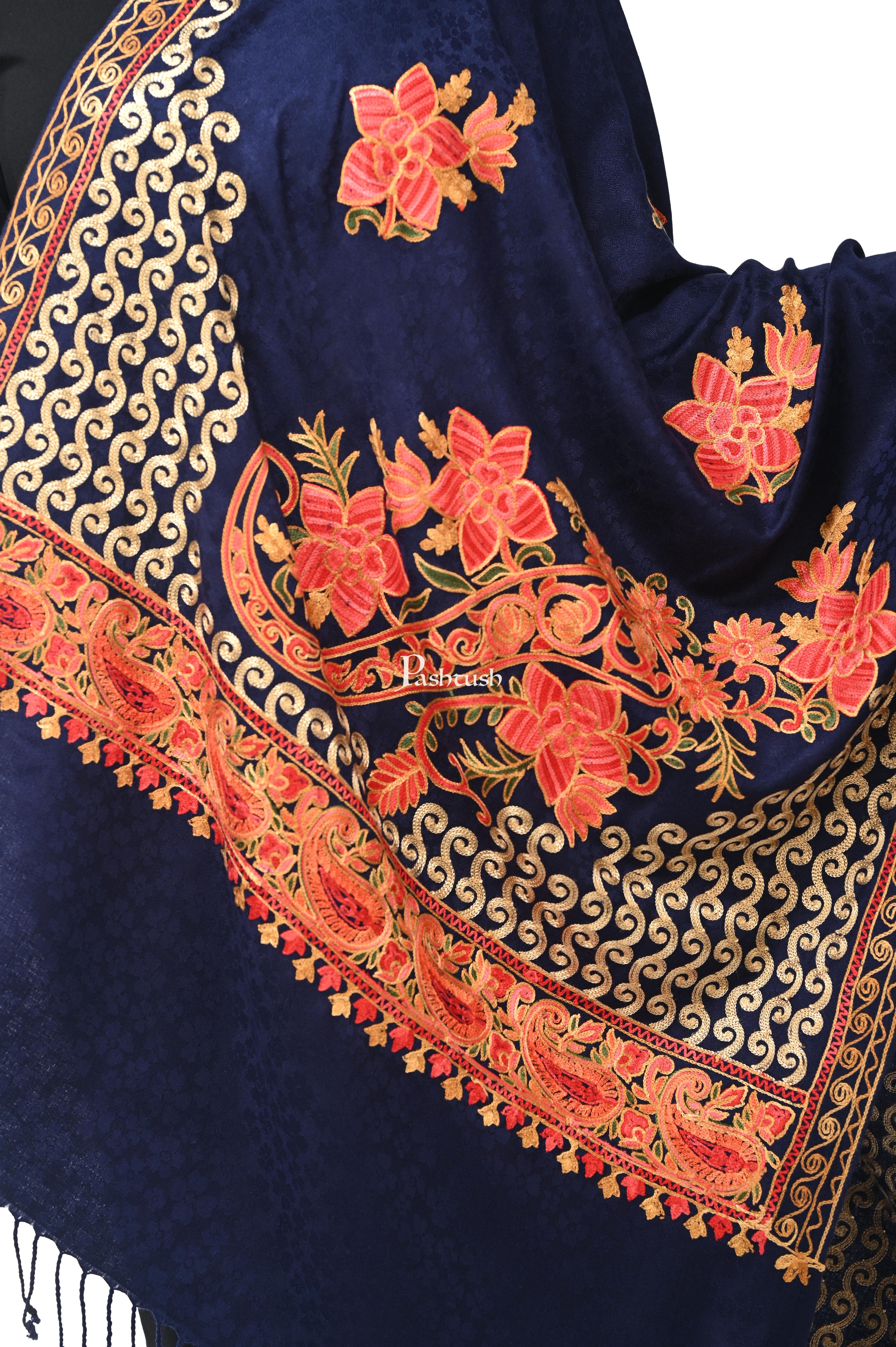 Pashwool, Womens Kashmiri Aari Embroidery Stole, Soft Bamboo Navy Blue - Image 2