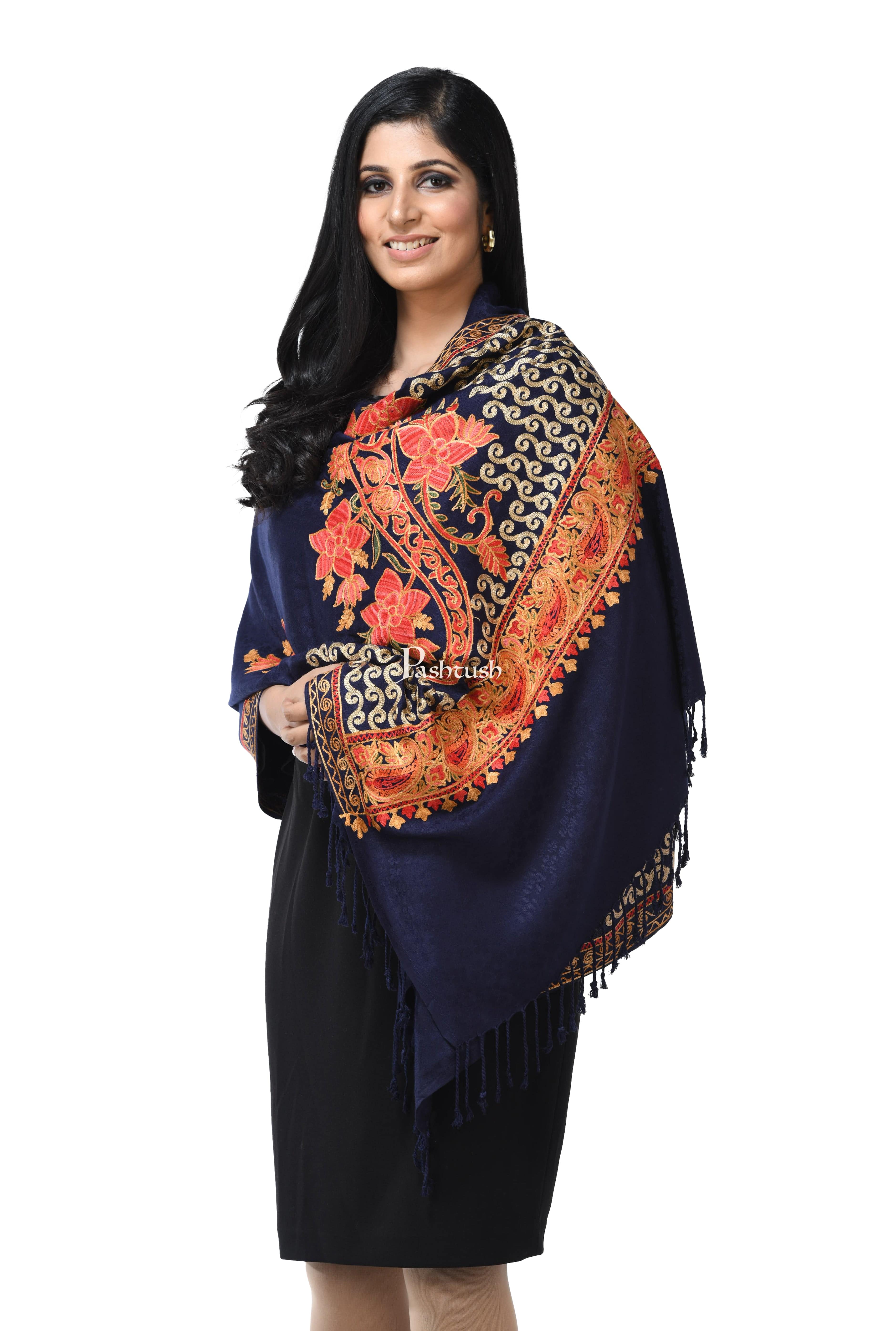 Pashwool, Womens Kashmiri Aari Embroidery Stole, Soft Bamboo Navy Blue - Image 3