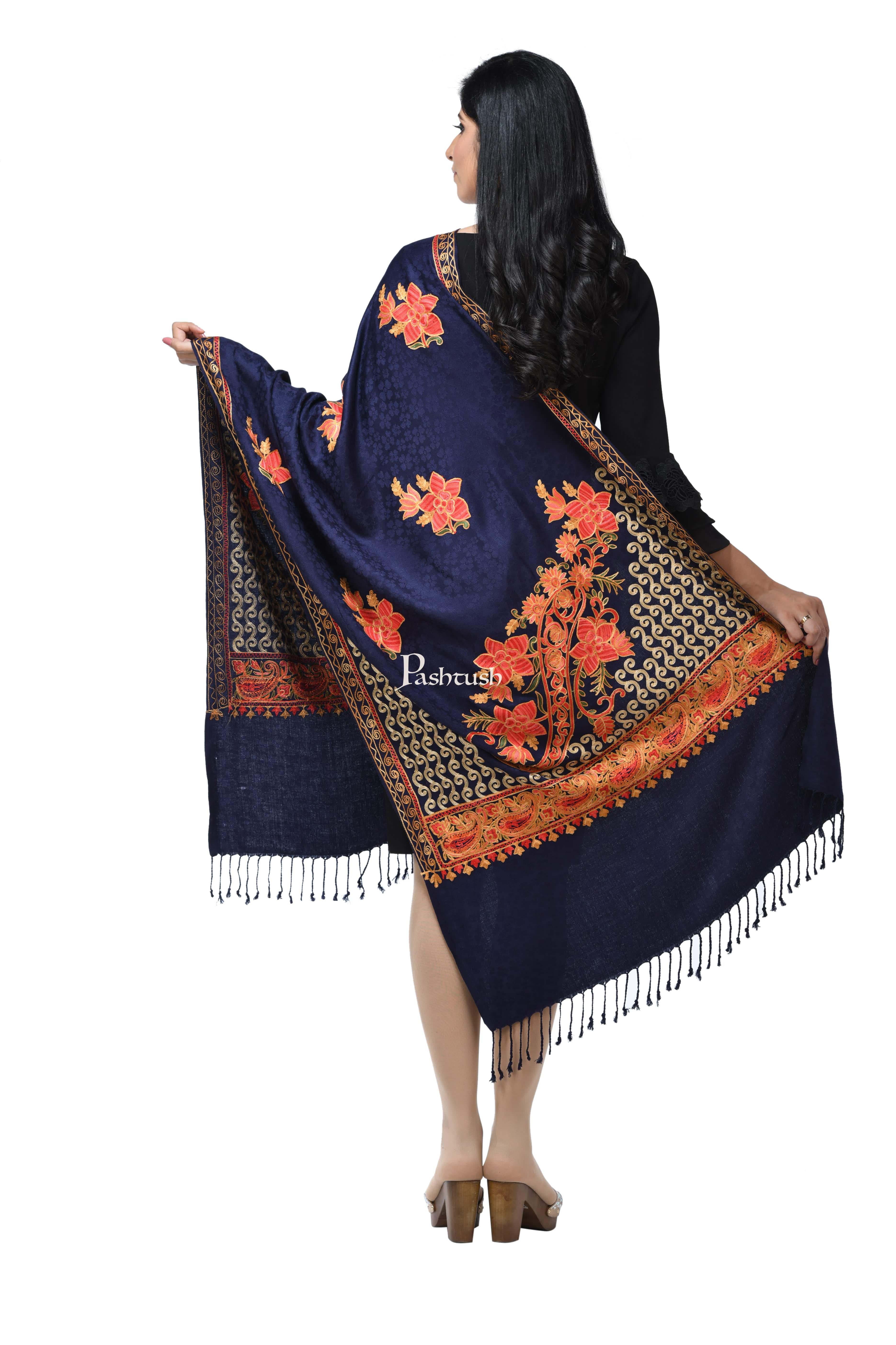 Pashwool, Womens Kashmiri Aari Embroidery Stole, Soft Bamboo Navy Blue - Image 4