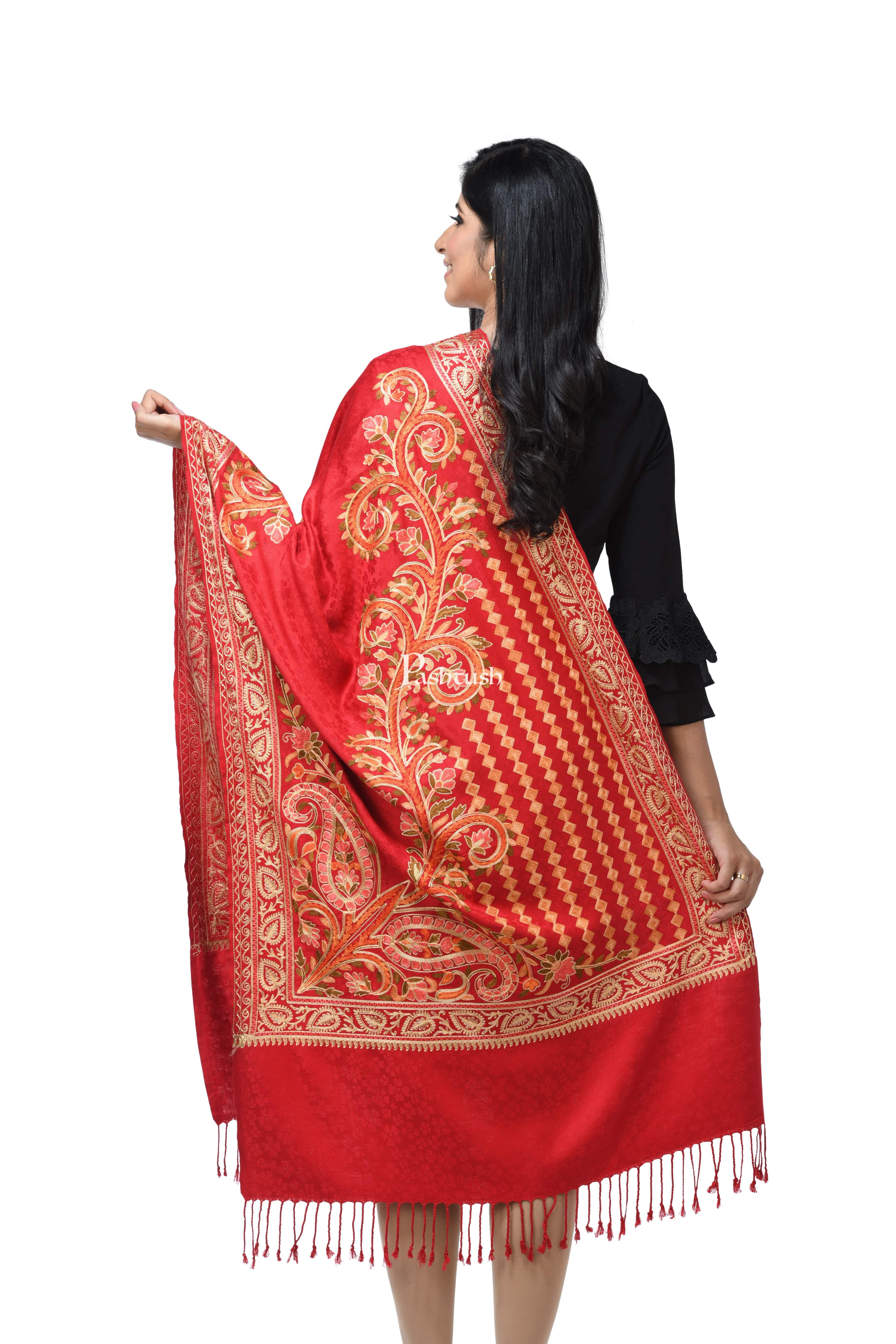 Pashwool, Womens Kashmiri Aari Embroidery Stole, Soft Bamboo Maroon - Image 4
