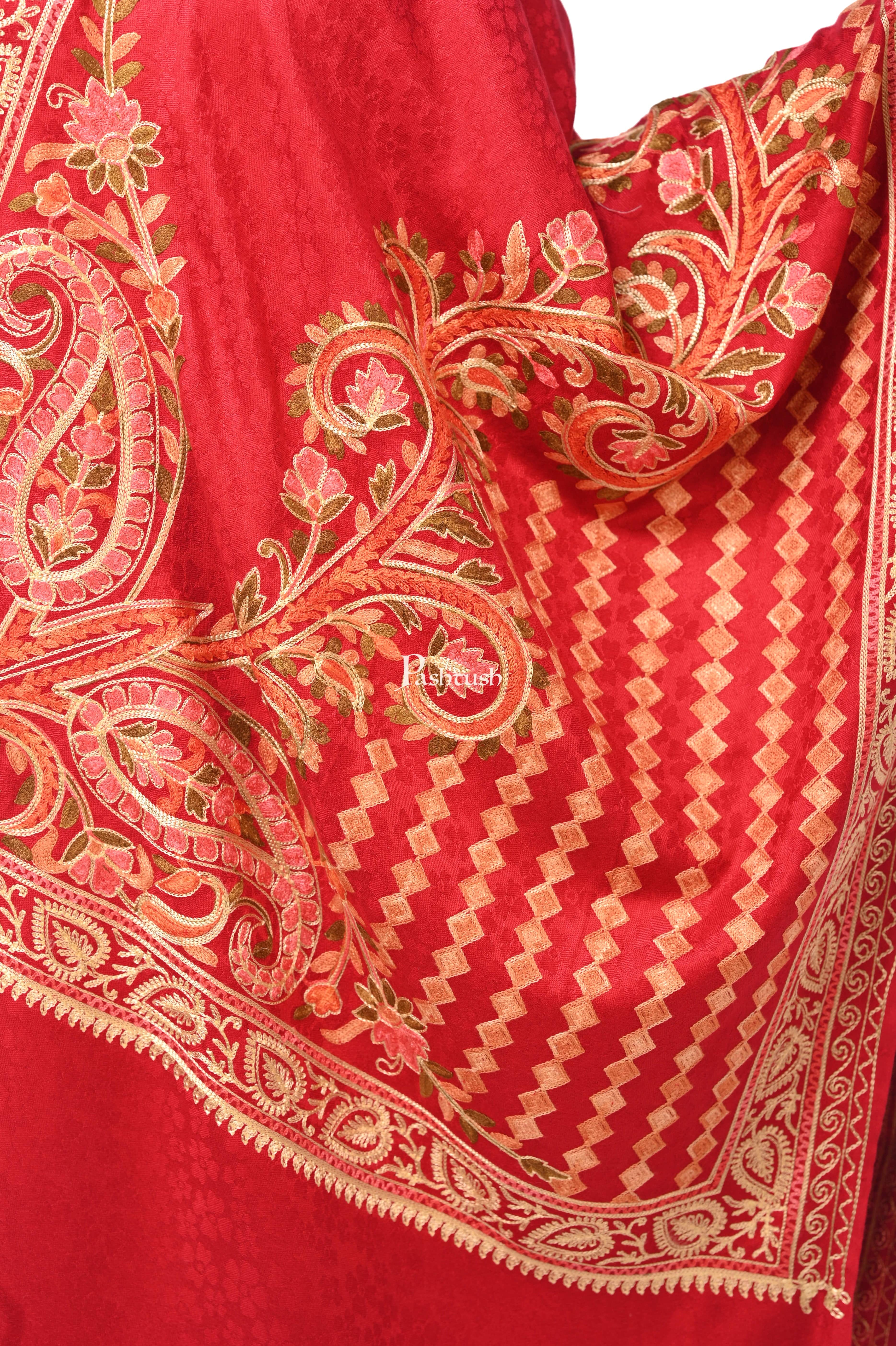 Pashwool, Womens Kashmiri Aari Embroidery Stole, Soft Bamboo Maroon - Image 5