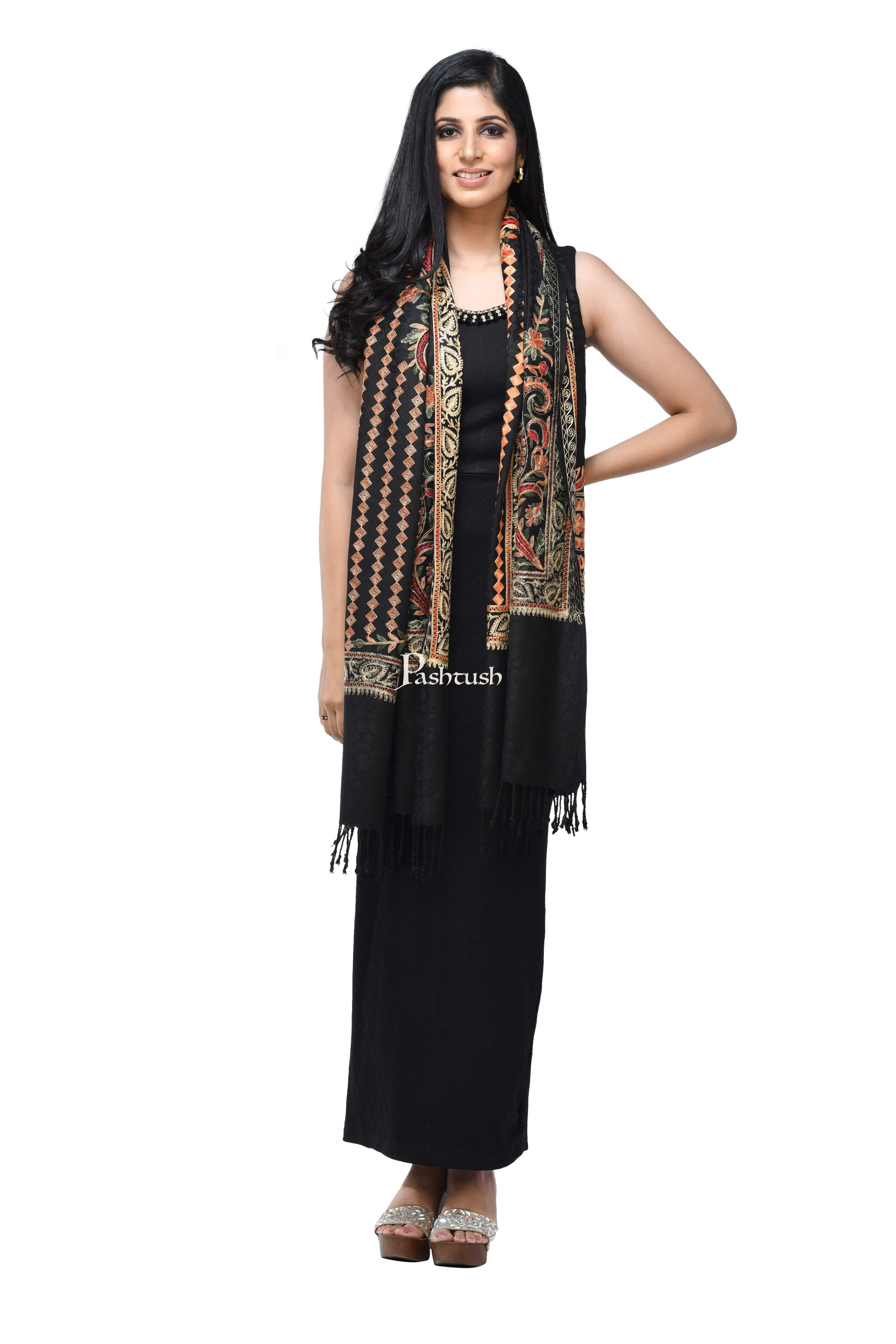 Pashwool, Womens Kashmiri Aari Embroidery Stole, Soft Bamboo Rich Black - Image 3