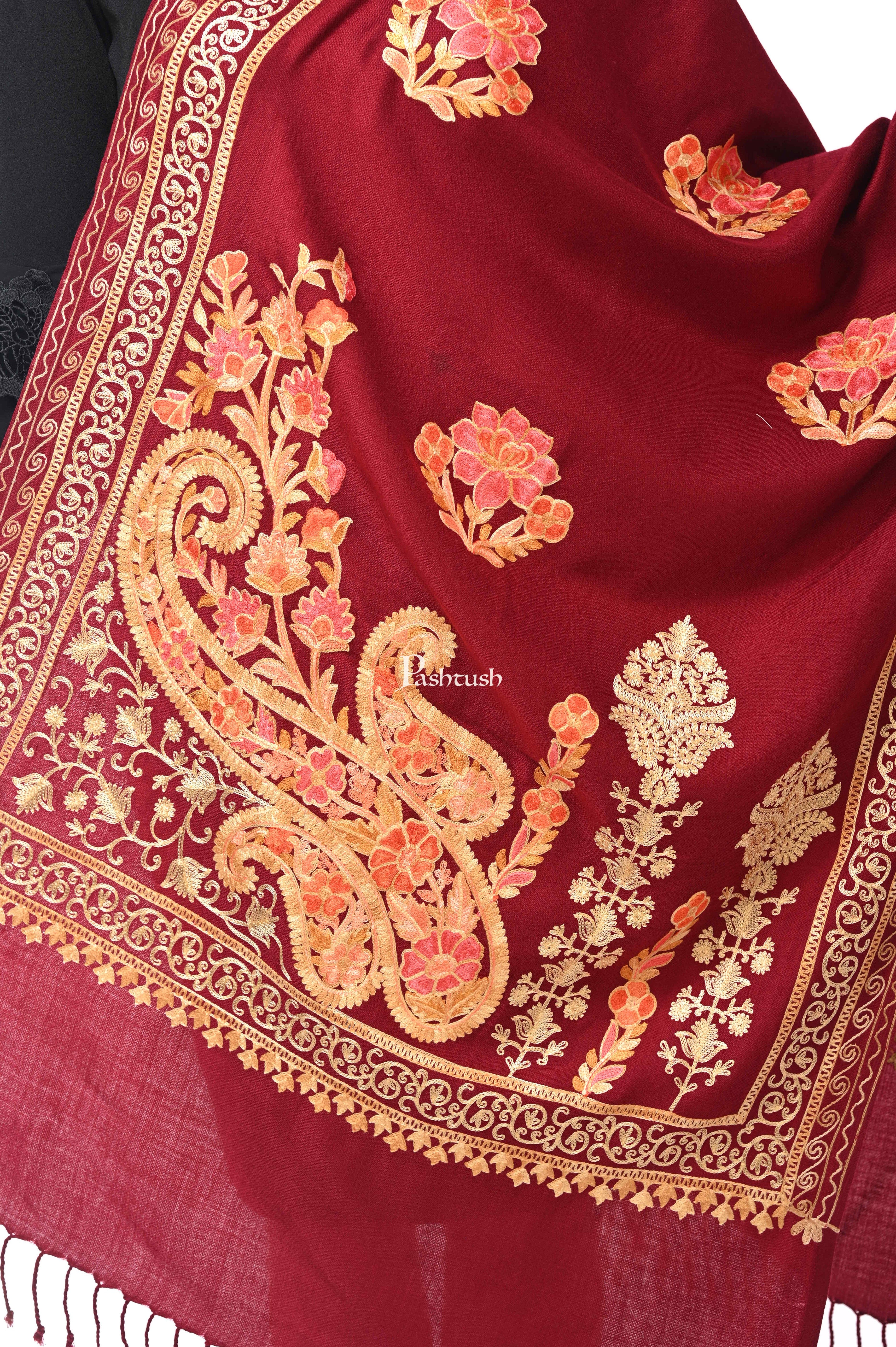 Pashwool, Womens Kashmiri Aari Embroidery Stole, Soft Bamboo Crimson - Image 2