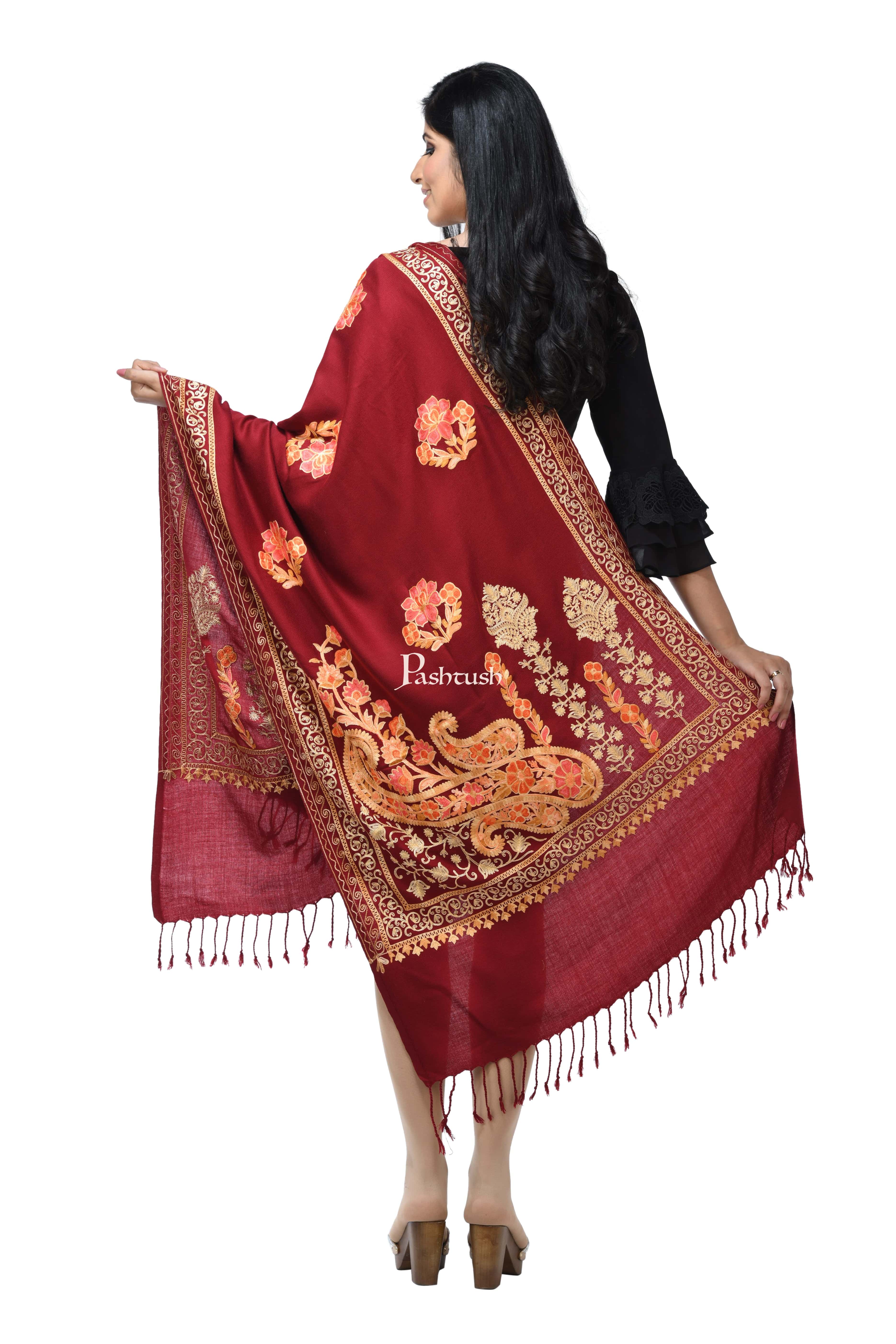 Pashwool, Womens Kashmiri Aari Embroidery Stole, Soft Bamboo Crimson - Image 3