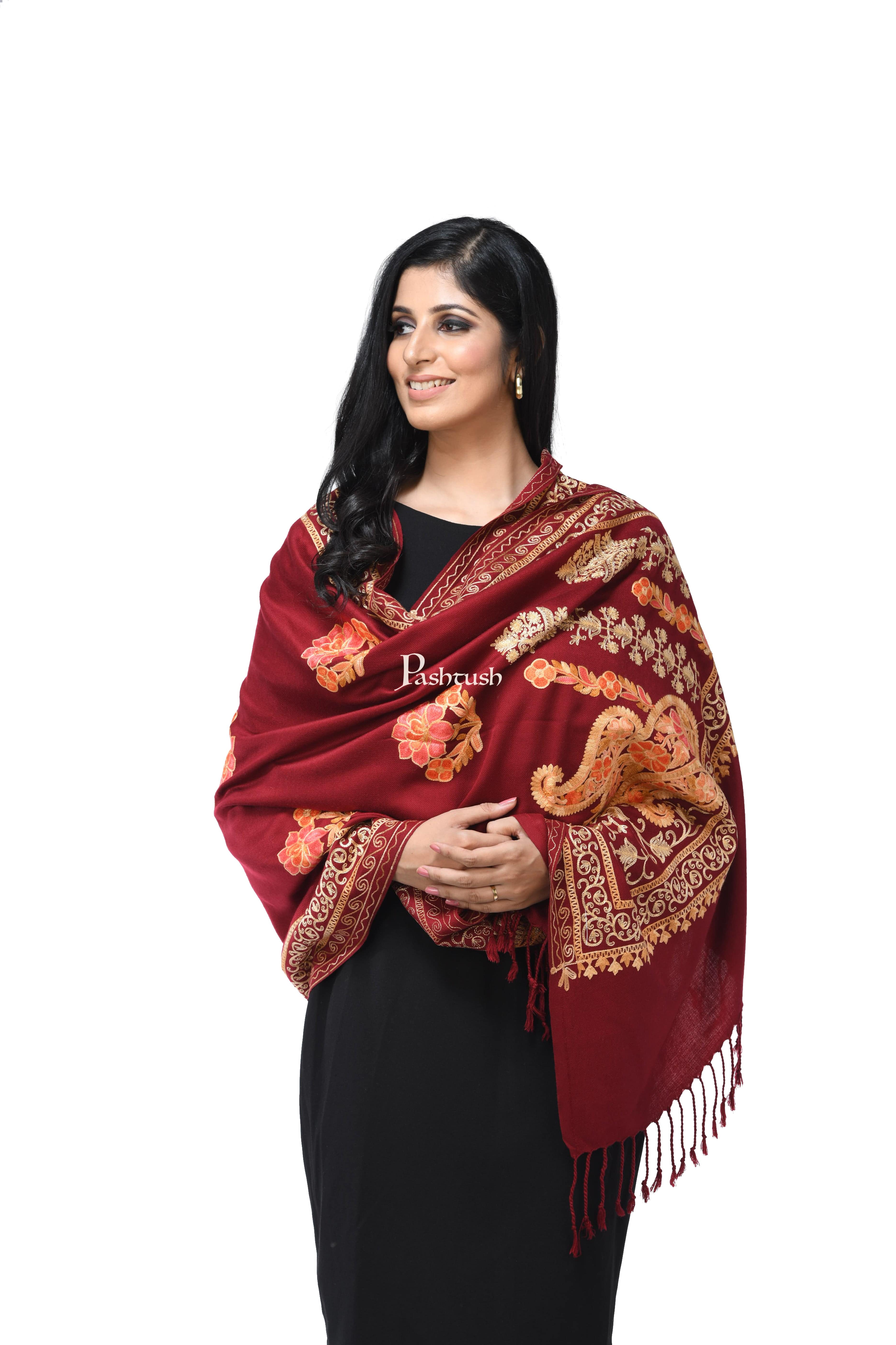 Pashwool, Womens Kashmiri Aari Embroidery Stole, Soft Bamboo Crimson - Image 4