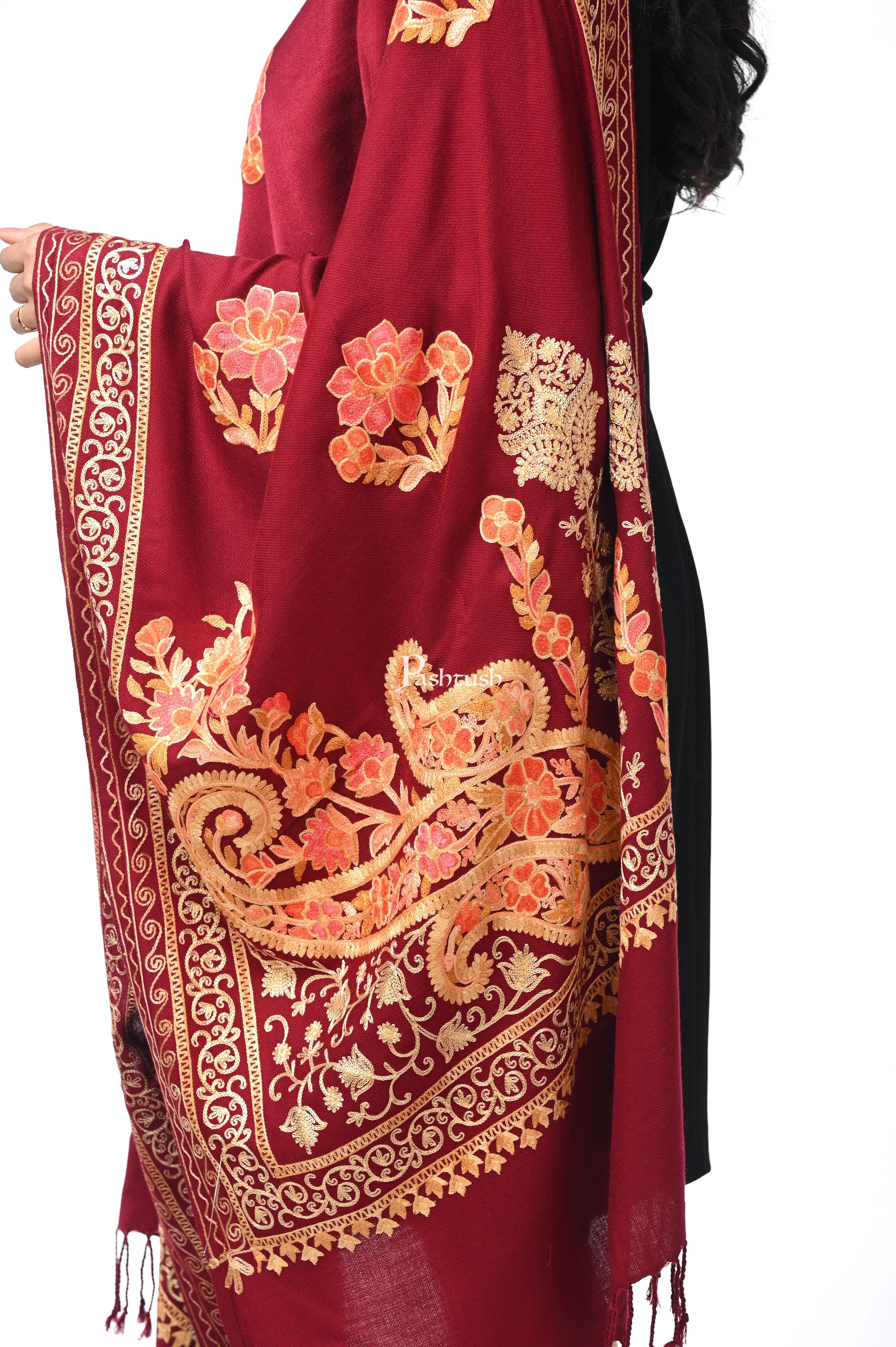 Pashwool, Womens Kashmiri Aari Embroidery Stole, Soft Bamboo Crimson - Image 5