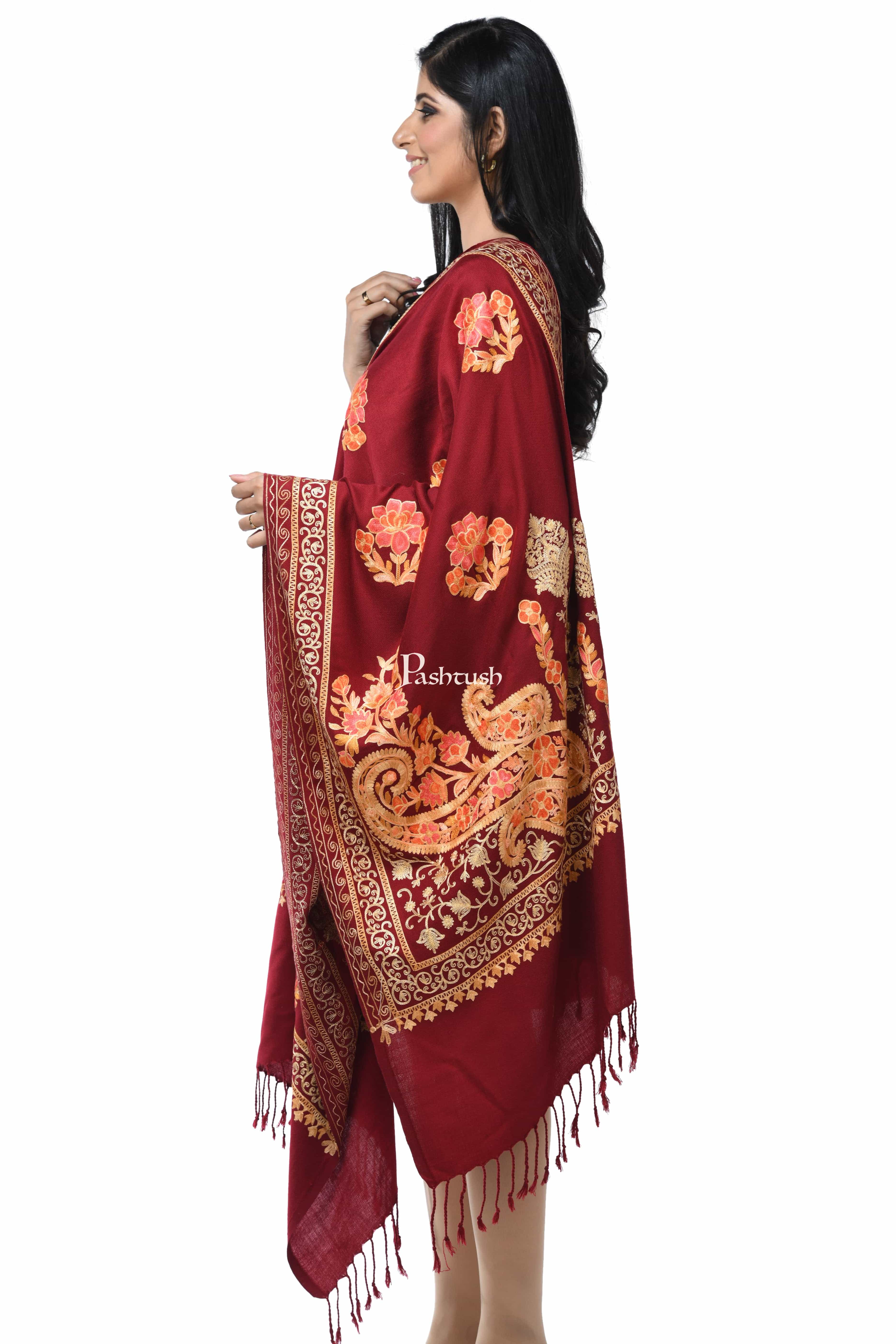 Pashwool, Womens Kashmiri Aari Embroidery Stole, Soft Bamboo Crimson - Image 6
