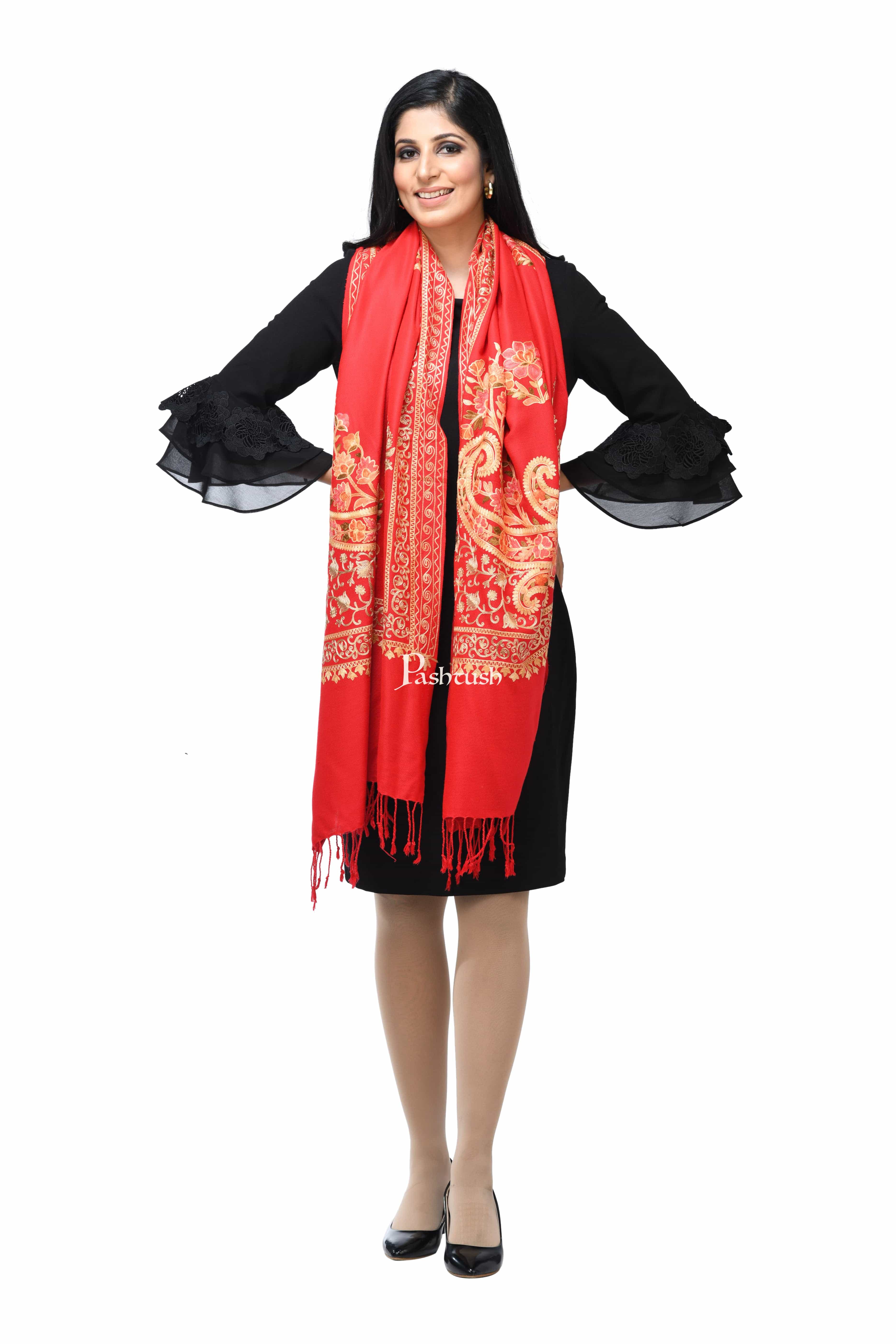 Pashwool, Womens Kashmiri Aari Embroidery Stole, Soft Bamboo Deep Red - Image 3