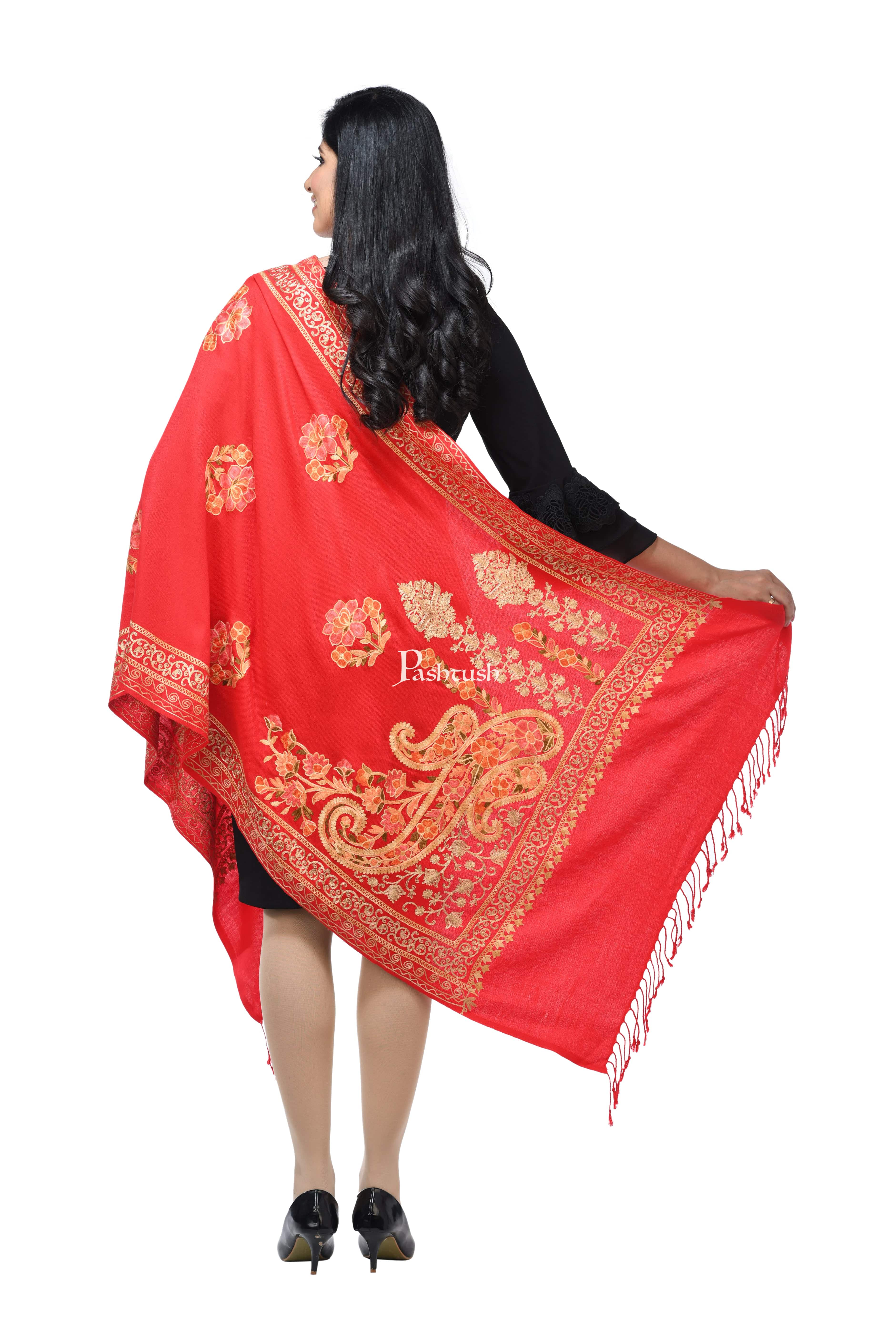 Pashwool, Womens Kashmiri Aari Embroidery Stole, Soft Bamboo Deep Red - Image 4