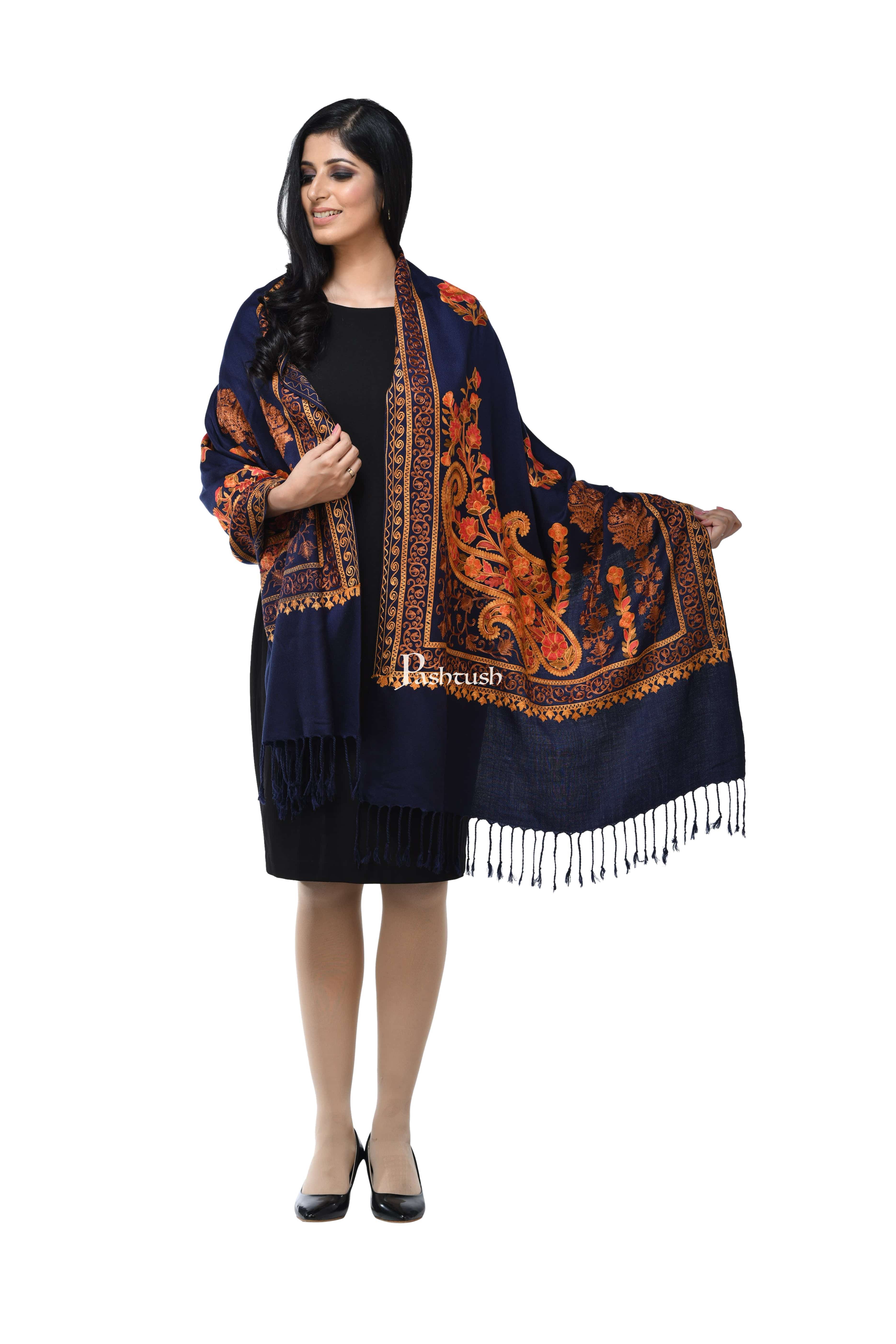 Pashwool, Womens Kashmiri Aari Embroidery Stole, Soft Bamboo, Navy Blue