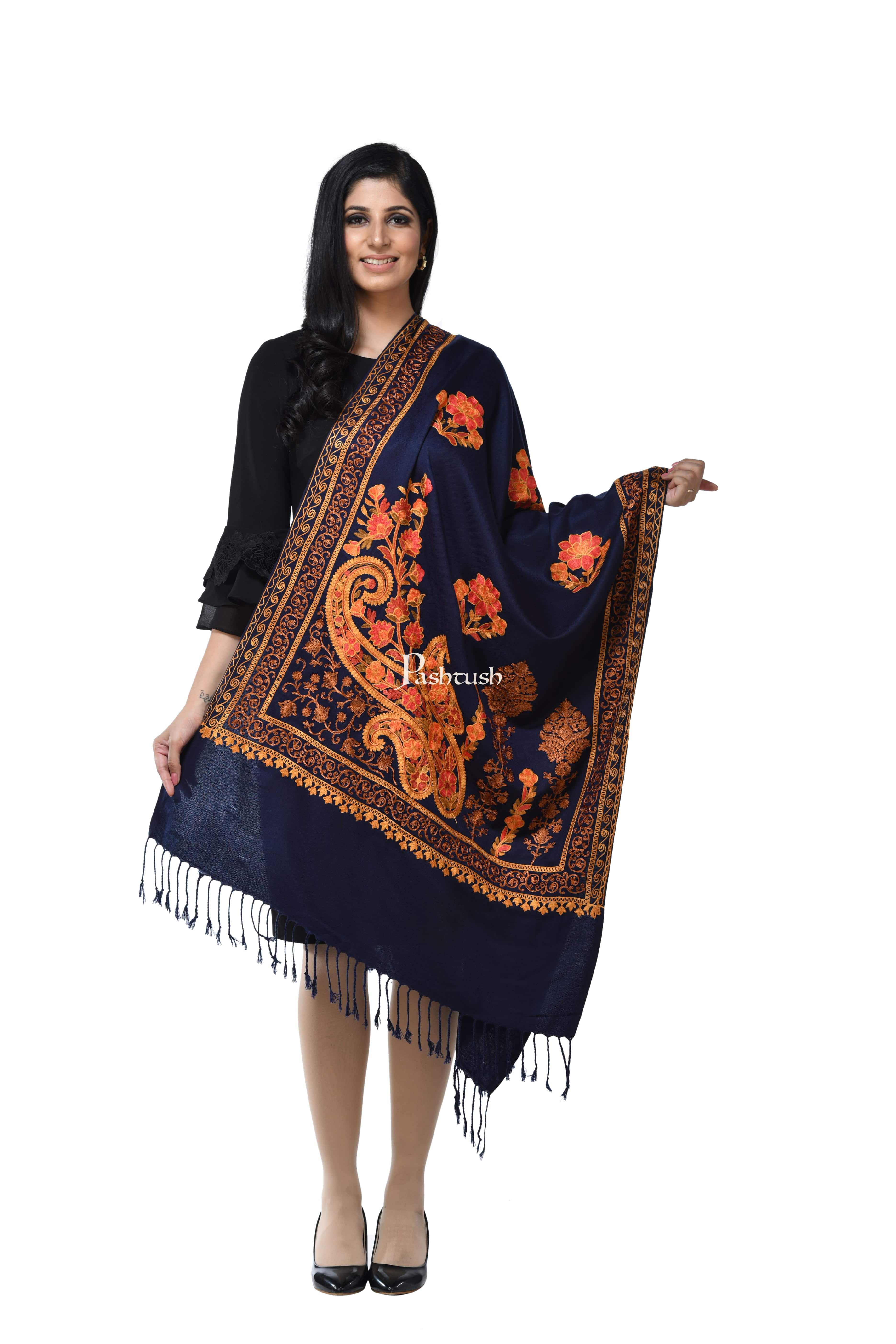 Pashwool, Womens Kashmiri Aari Embroidery Stole, Soft Bamboo, Navy Blue - Image 3