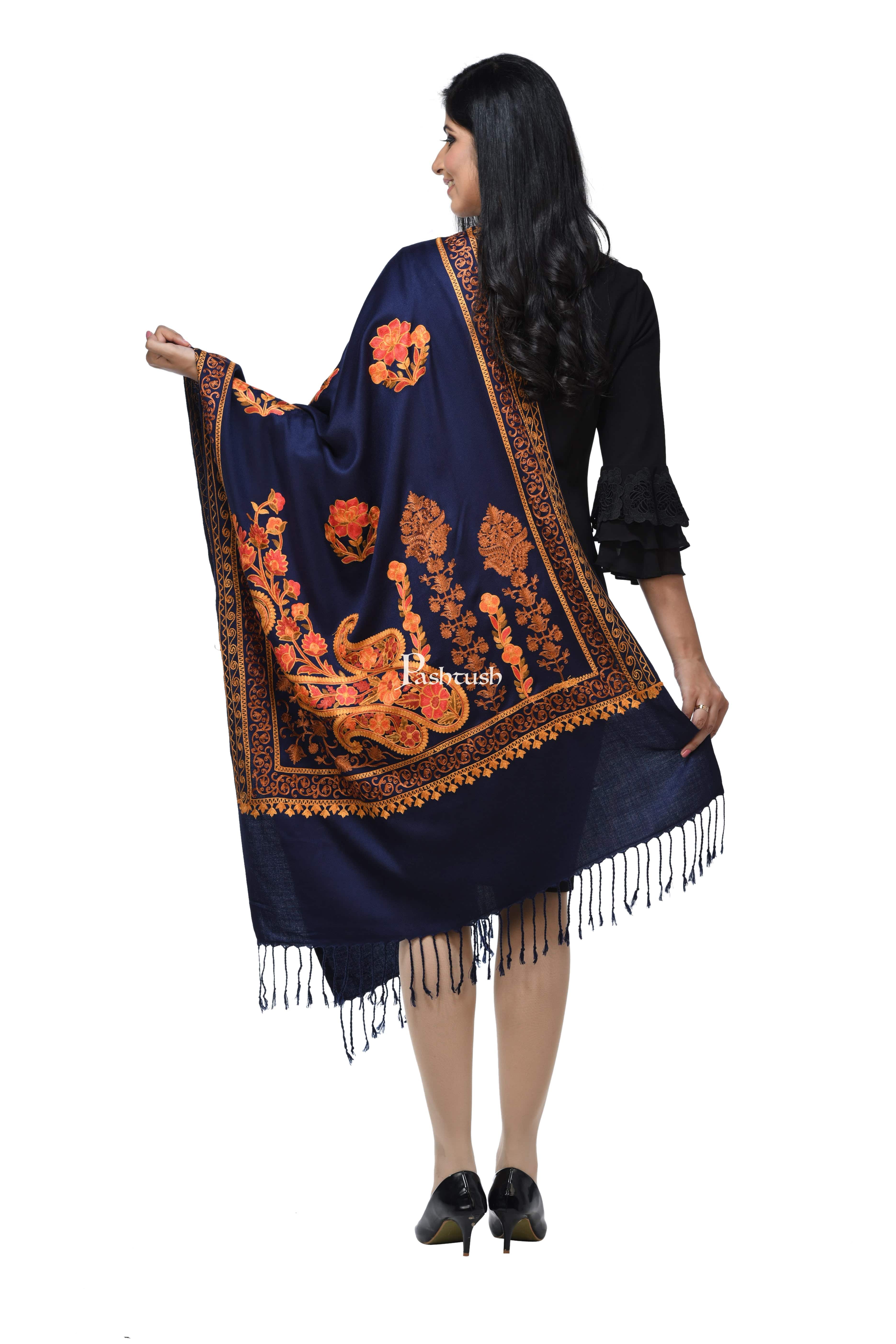 Pashwool, Womens Kashmiri Aari Embroidery Stole, Soft Bamboo, Navy Blue - Image 4