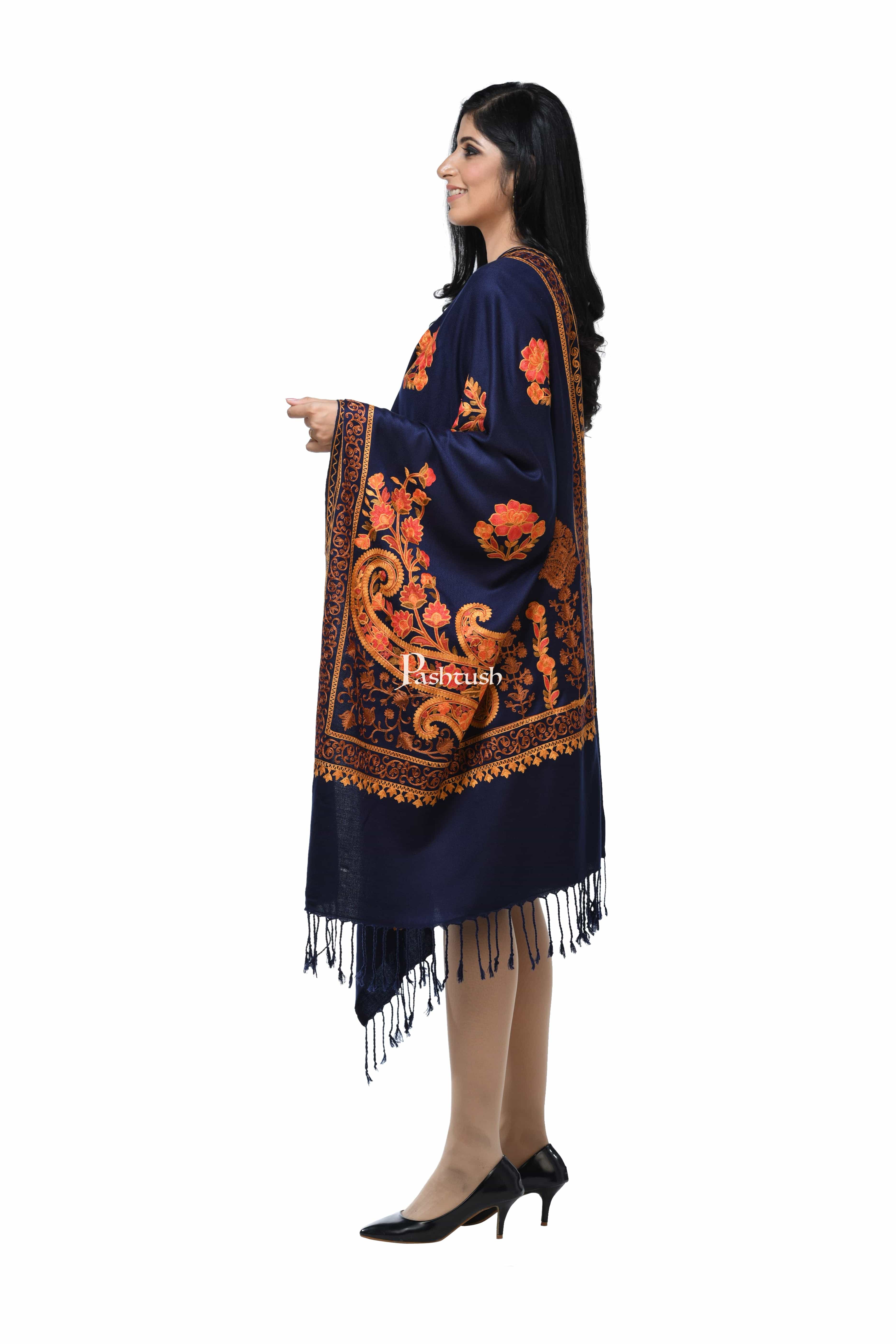 Pashwool, Womens Kashmiri Aari Embroidery Stole, Soft Bamboo, Navy Blue - Image 5