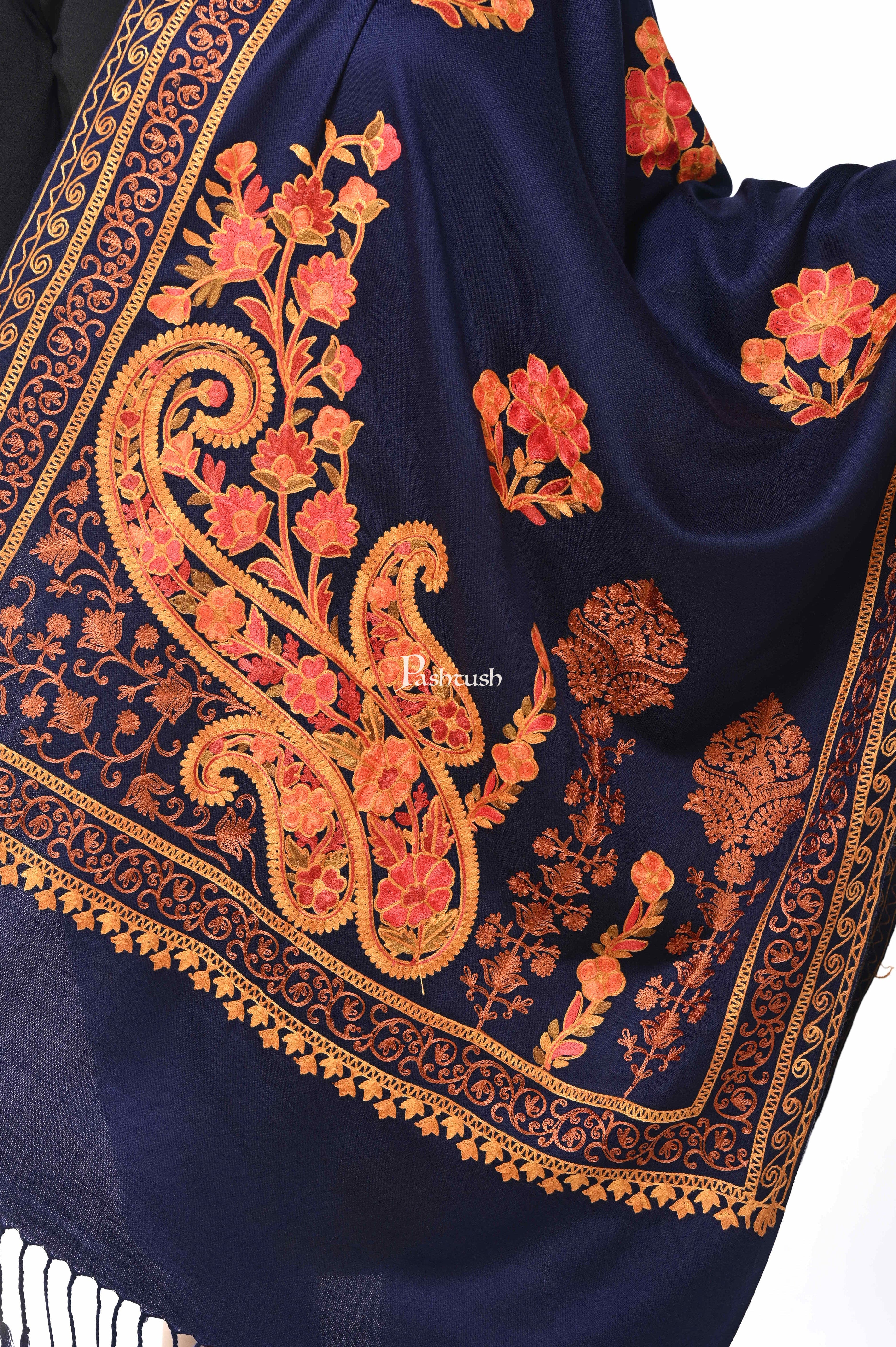 Pashwool, Womens Kashmiri Aari Embroidery Stole, Soft Bamboo, Navy Blue - Image 6