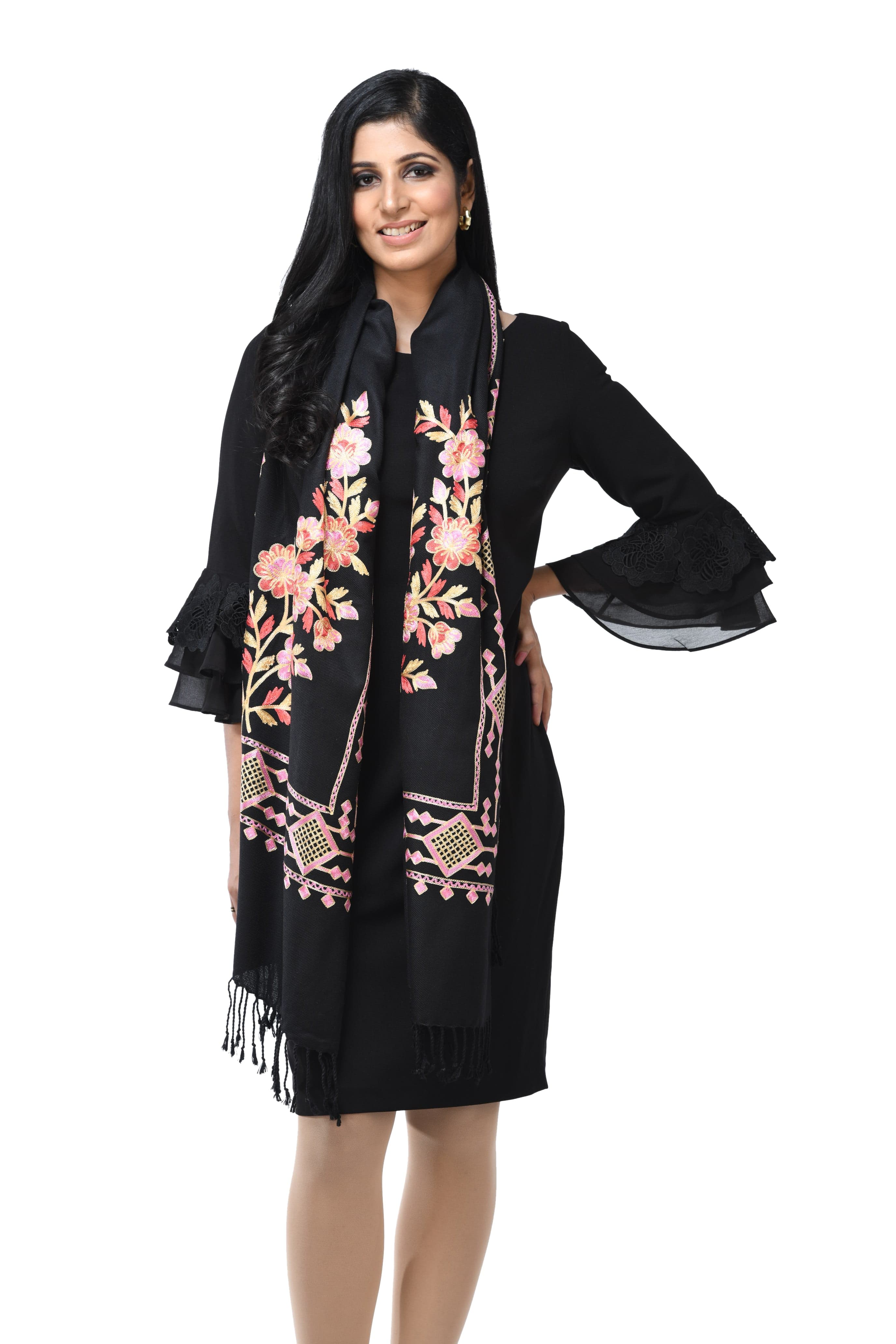 Pashwool Womens Stole, Kashmiri Embroidery, Soft And Warm, Woollen Stole, Black - Image 3