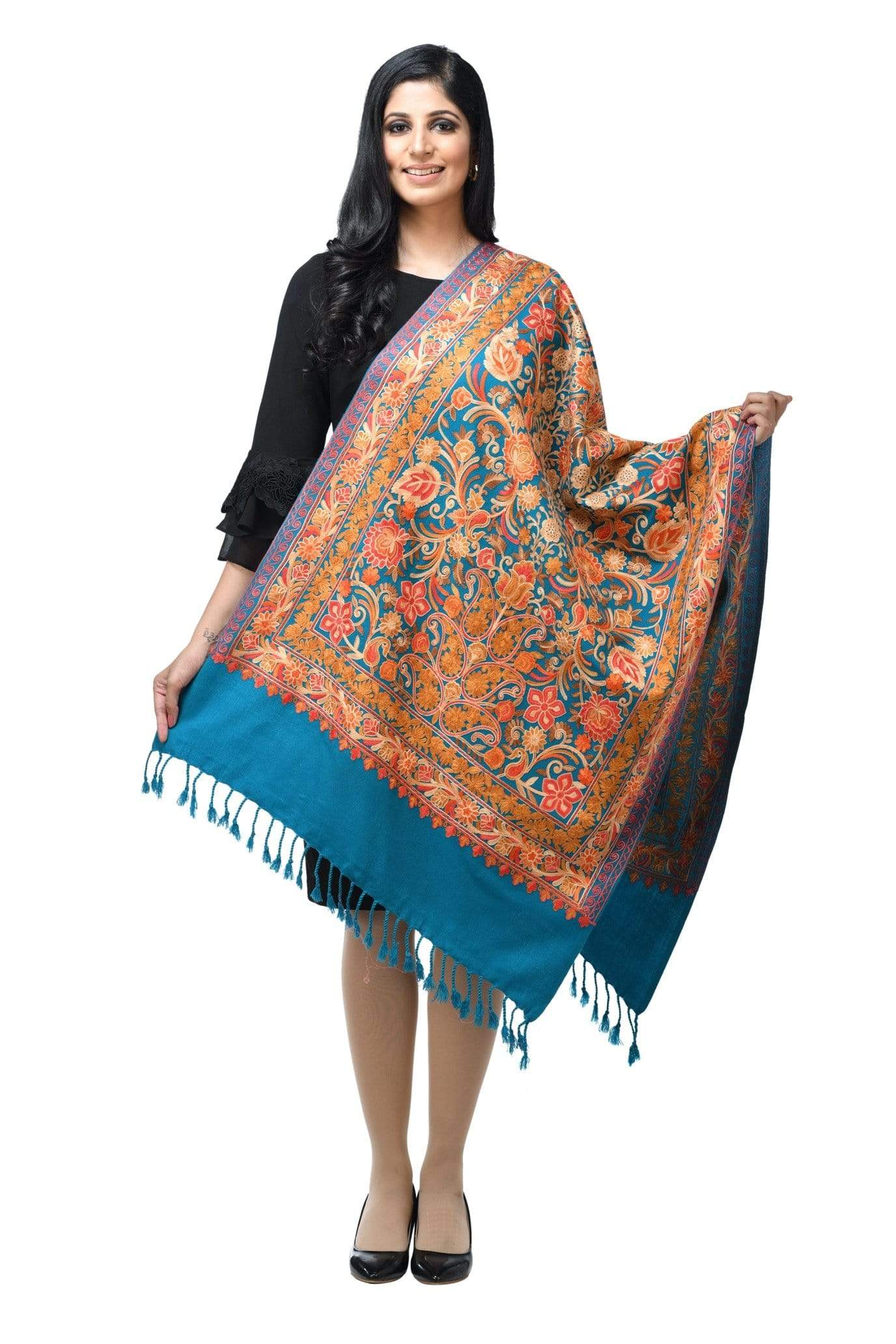 Pashwool Womens Kashmiri Embroidery Stole, Soft And Warm, Woollen Arabic Blue
