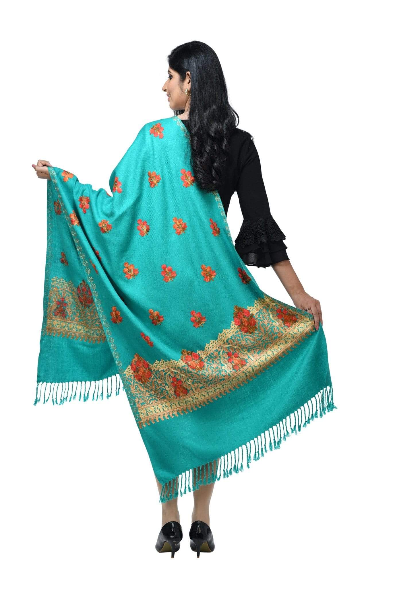 Pashwool Womens Kashmiri Embroidery Stole, Soft And Warm, Woollen Aqua Blue - Image 3