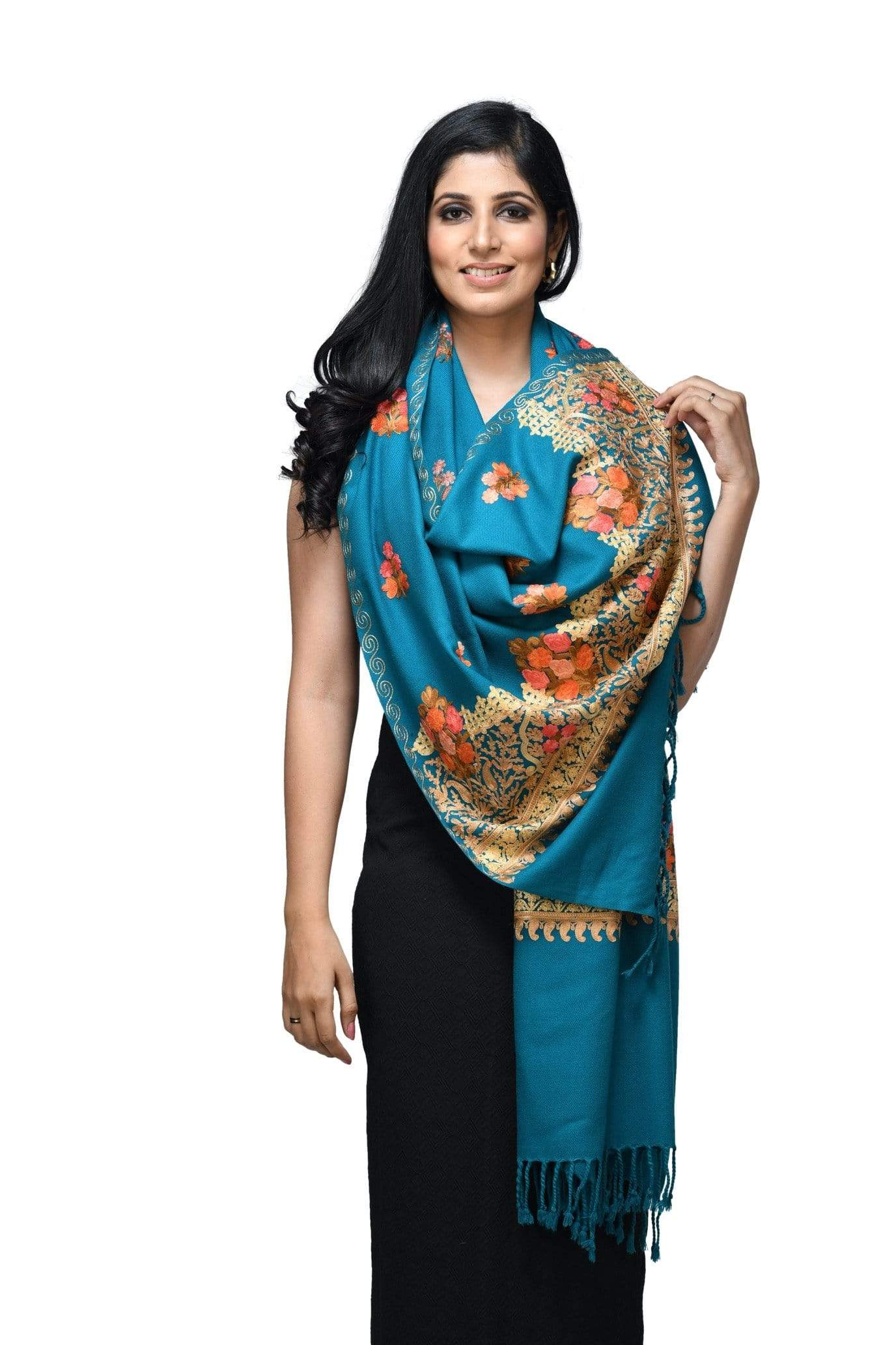 Pashwool Womens Kashmiri Embroidery Stole, Soft And Warm, Woollen Stole, Arabic Blue - Image 3
