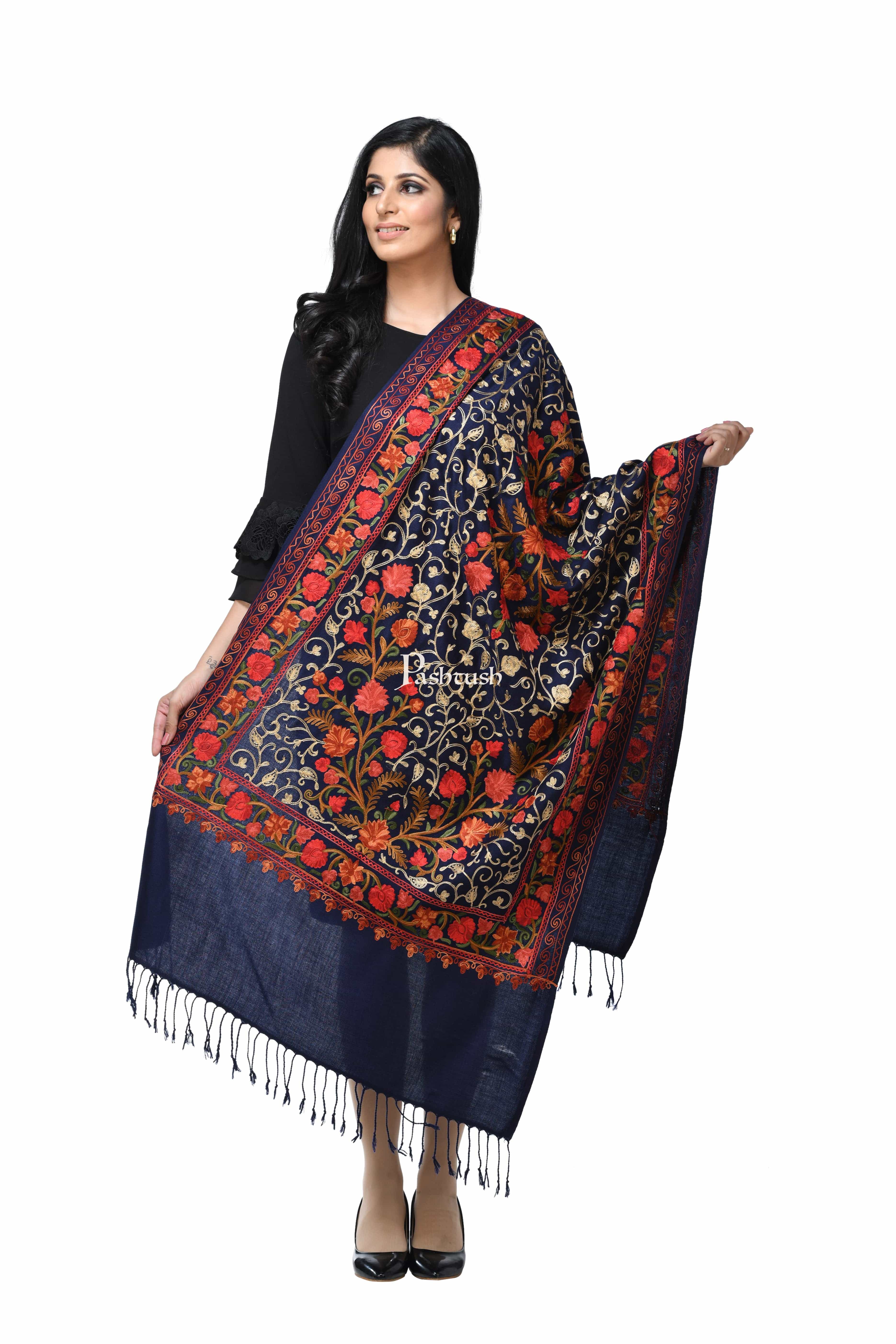 Pashwool Womens Kashmiri Embroidery Stole, Soft And Warm, Woollen Stole, Blue - Image 2