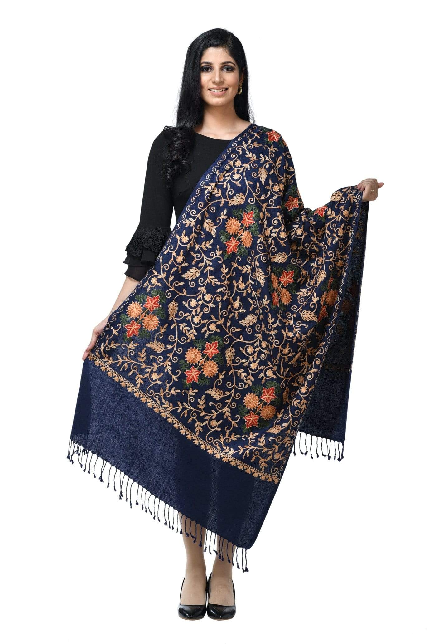 Pashwool Womens Stole, Kashmiri Embroidery, Soft And Warm, Woollen Stole, Navy Blue