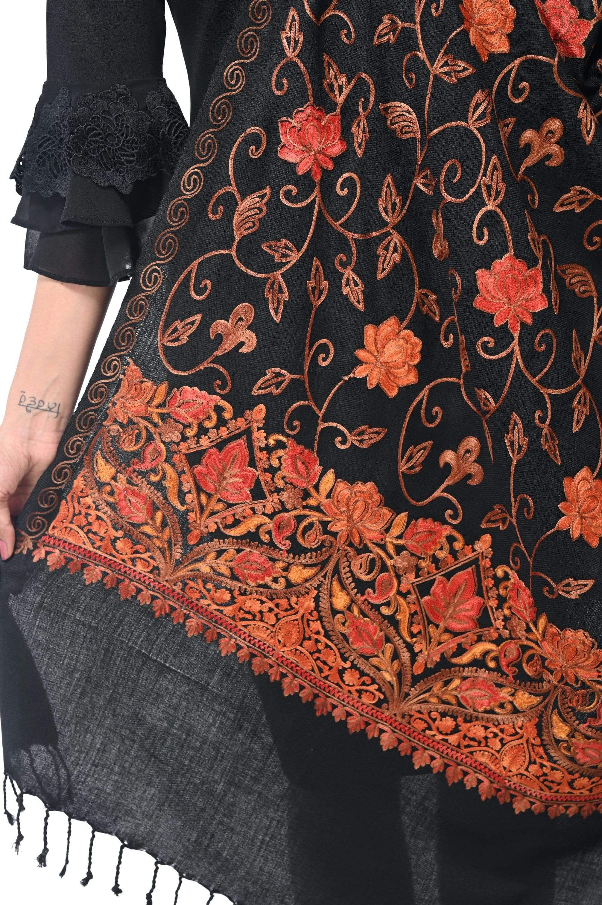 Pashwool Womens Kashmiri Embroidery Stole, Woollen, Soft And Warm, Black - Image 6