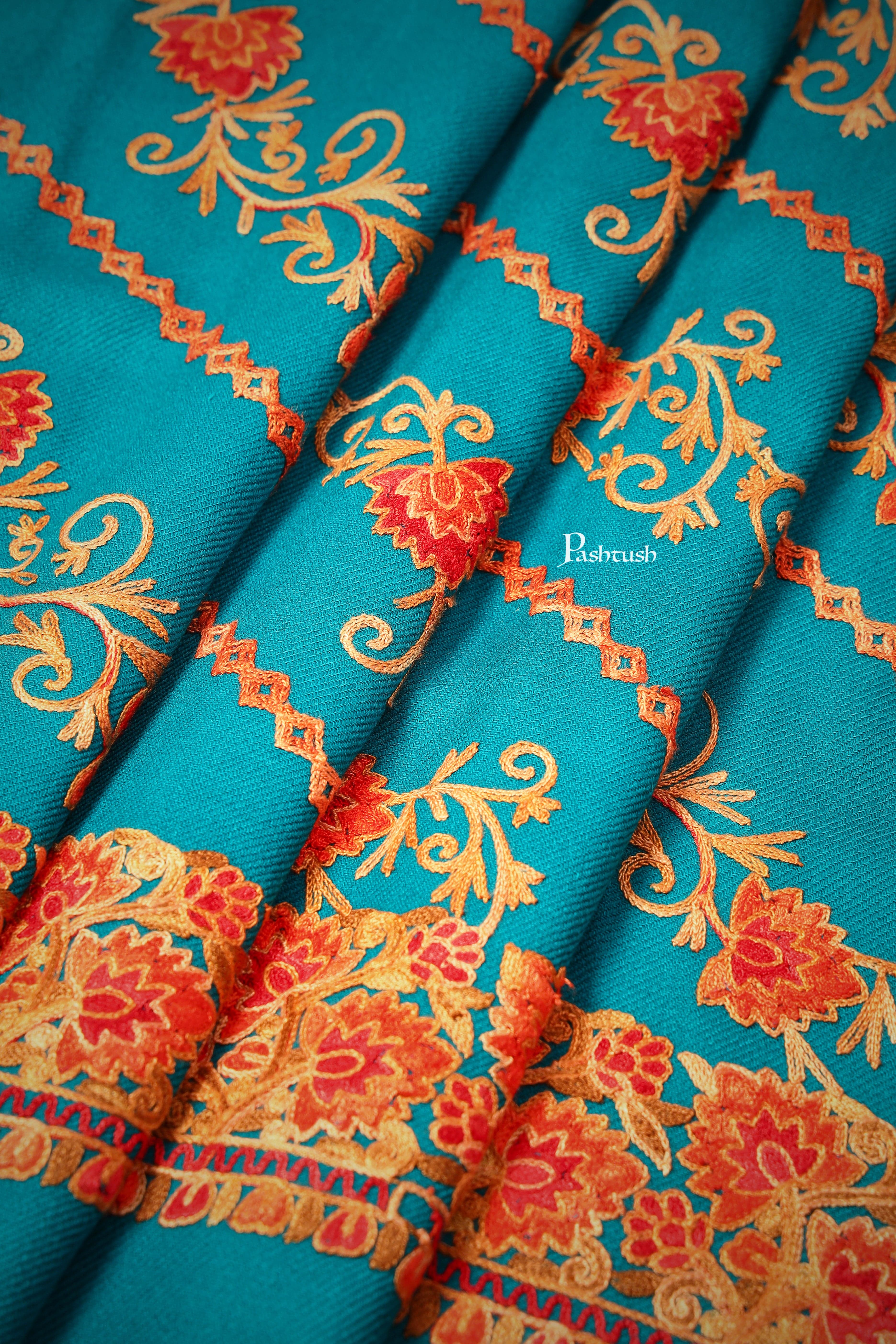 Pashwool Womens Kashmiri Embroidery Stole, Woollen Stole, Arabic Blue - Image 5