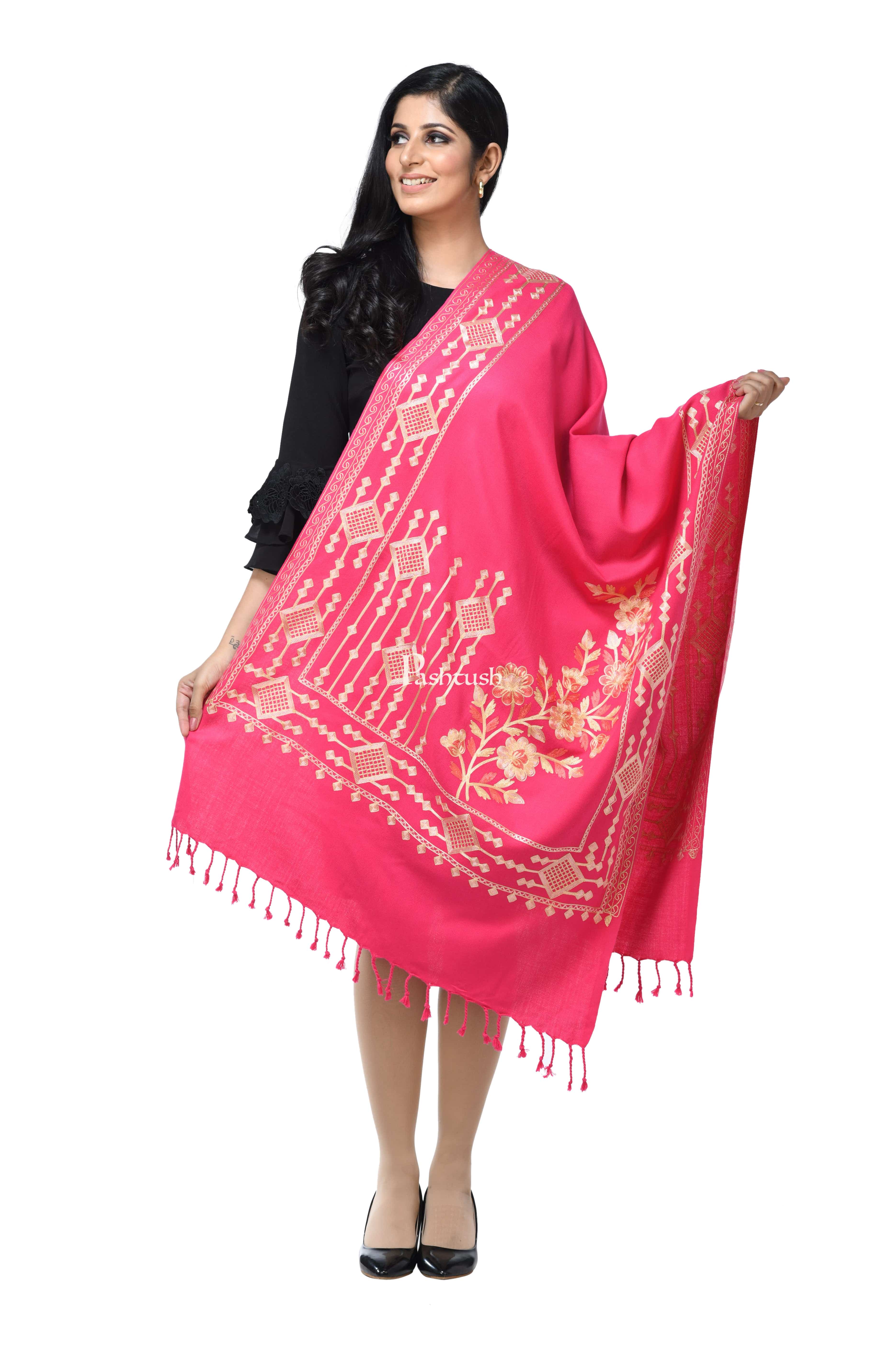 Pashwool Womens Kashmiri Embroidery Stole, Woollen Stole, Soft And Warm, Pink