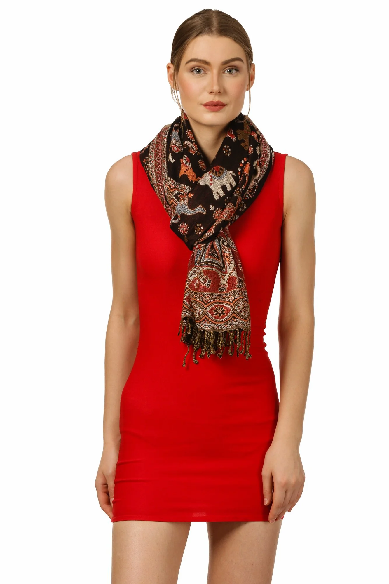 PASHTUSH WOMENS BAMBOO REVERSIBLE STOLE, TRIBAL ELEPHANTS - Image 3
