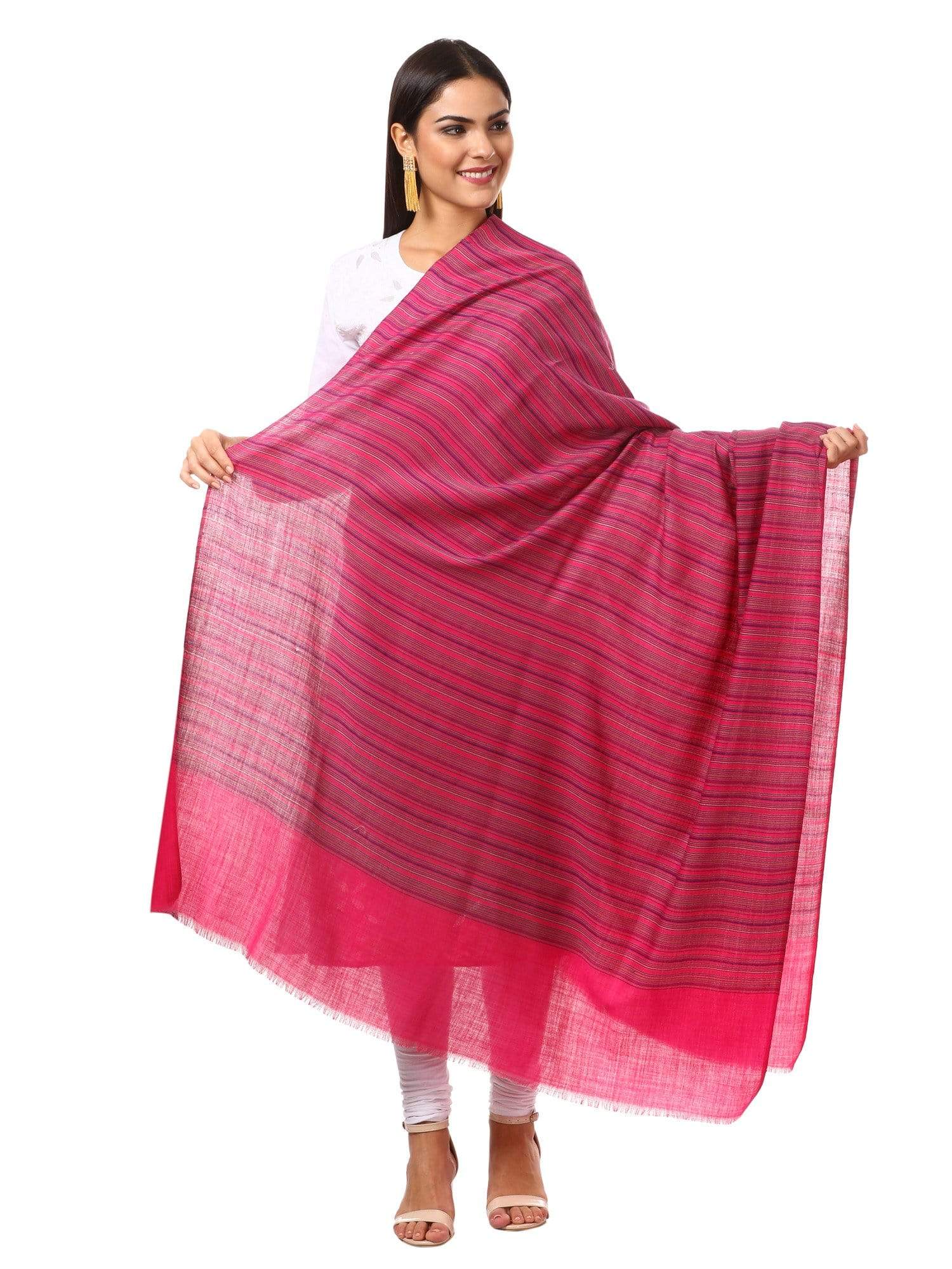 Pashtush Women'S Fine Wool Striped Shawl, Australian Merino Wool - Fuchsia Pink